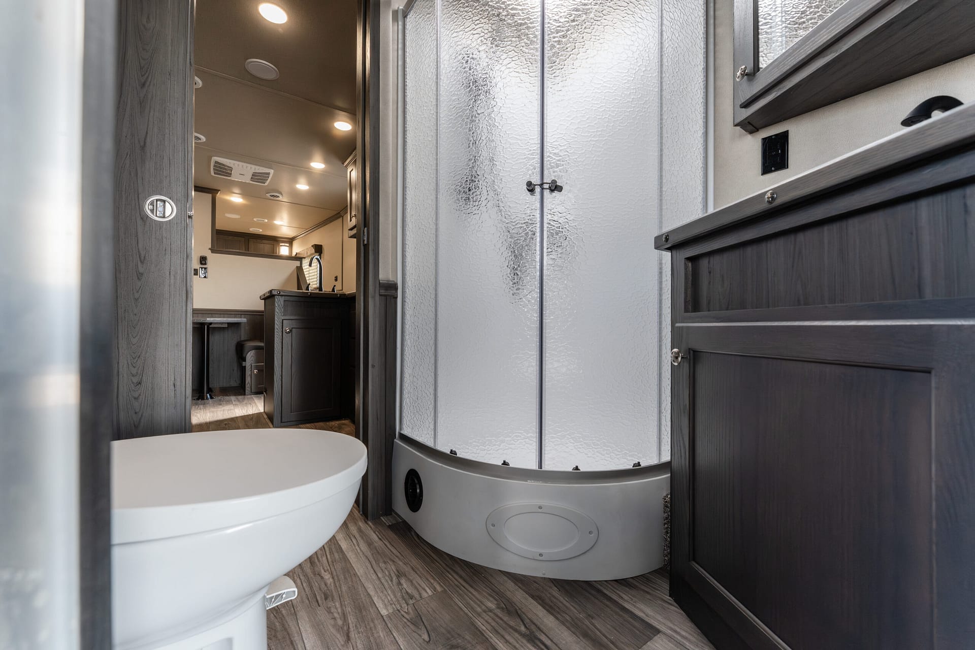 Interior of a recreational vehicle bathroom showing a curved frosted glass shower enclosure, dark wood vanity, and a white toilet on wood-look flooring.