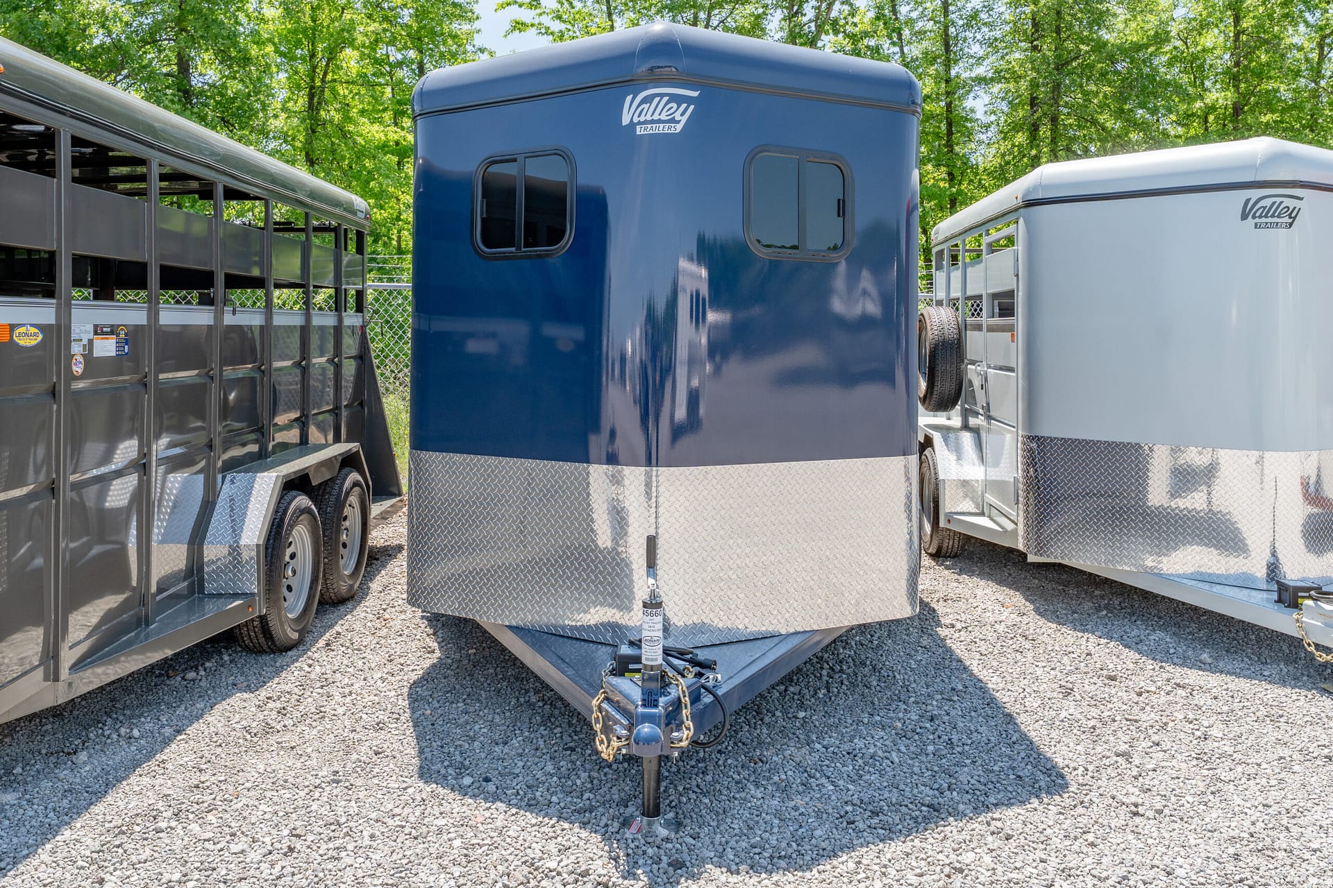 Front view of a blue enclosed horse trailer with two small windows, centered between other trailers on a gravel lot with green trees in the background.