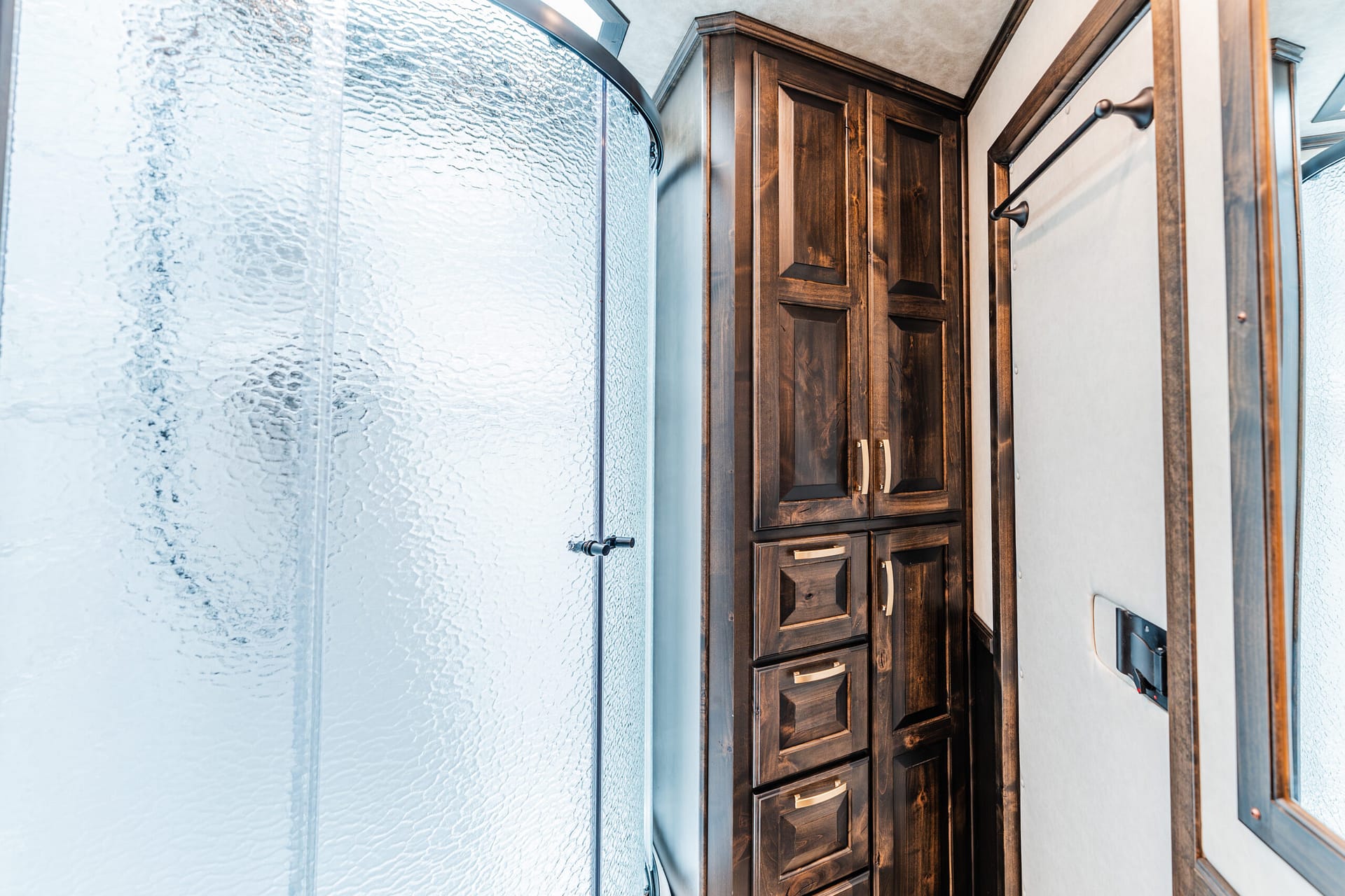 Bathroom scene featuring a curved frosted-glass shower enclosure on the left and dark wood cabinetry on the right.