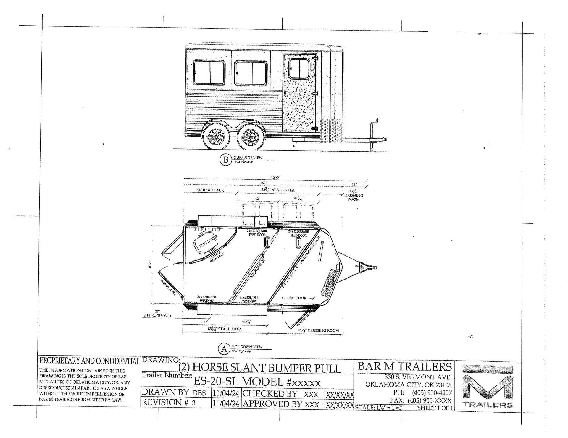 Engineering blueprint of a horse trailer (horse slant bumper pull) showing side and top views with wheels, hitch, and doors.