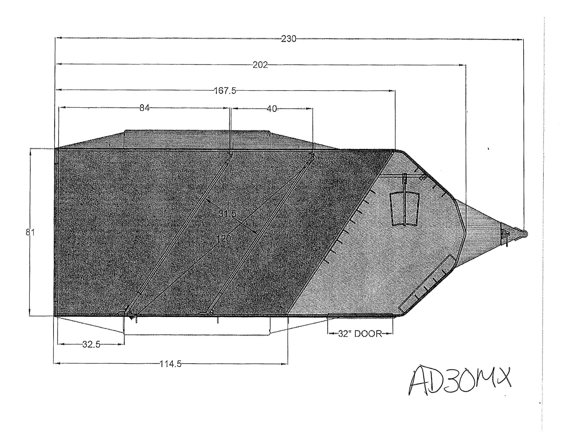 Engineering drawing of a tapered aircraft fuselage cross-section with dimension lines (230, 202, 167.5, 84, 40) and a labeled 32" door at the bottom left/right area.