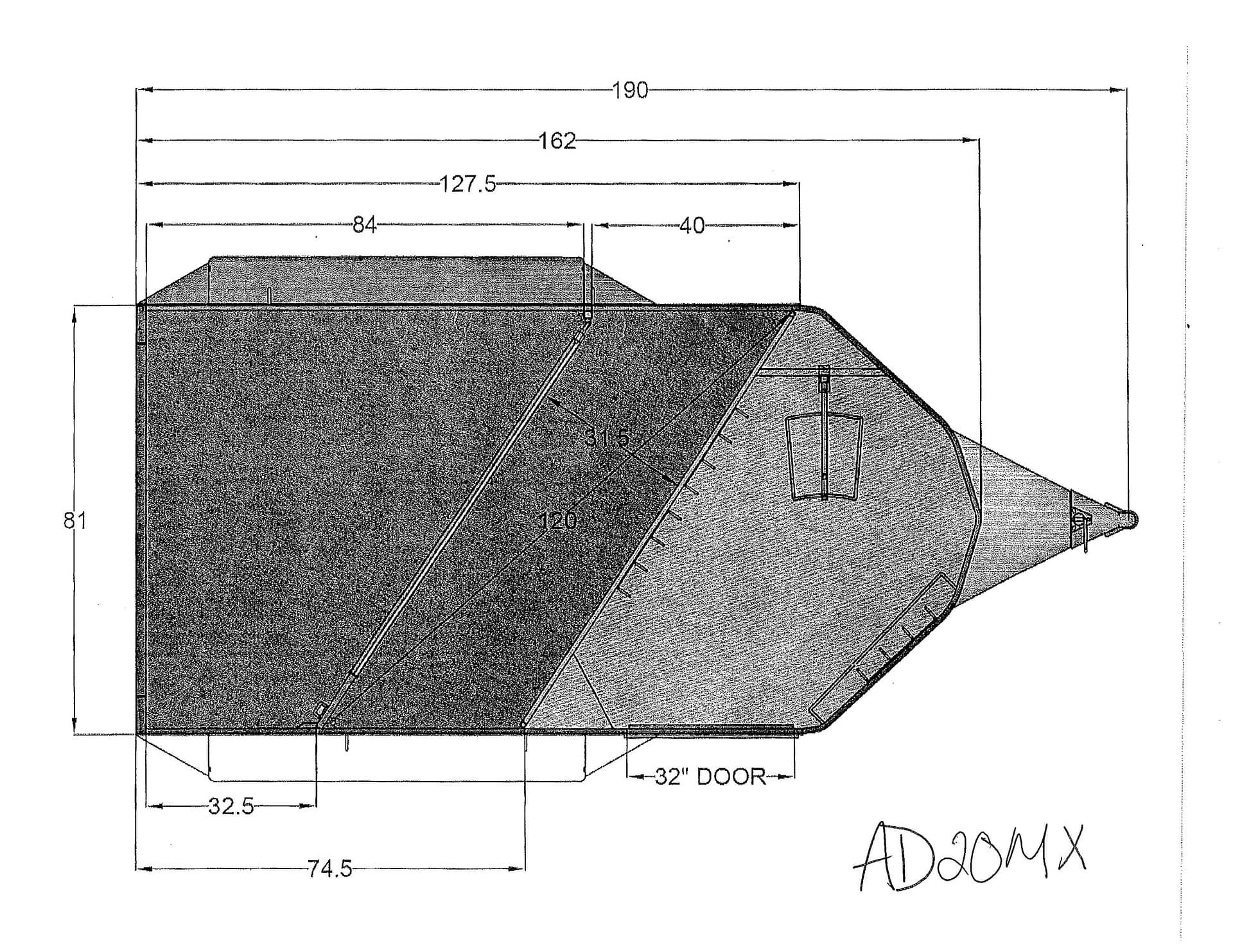 Engineering drawing of a hull section with multiple measurement lines and a 32-inch door opening at the bottom