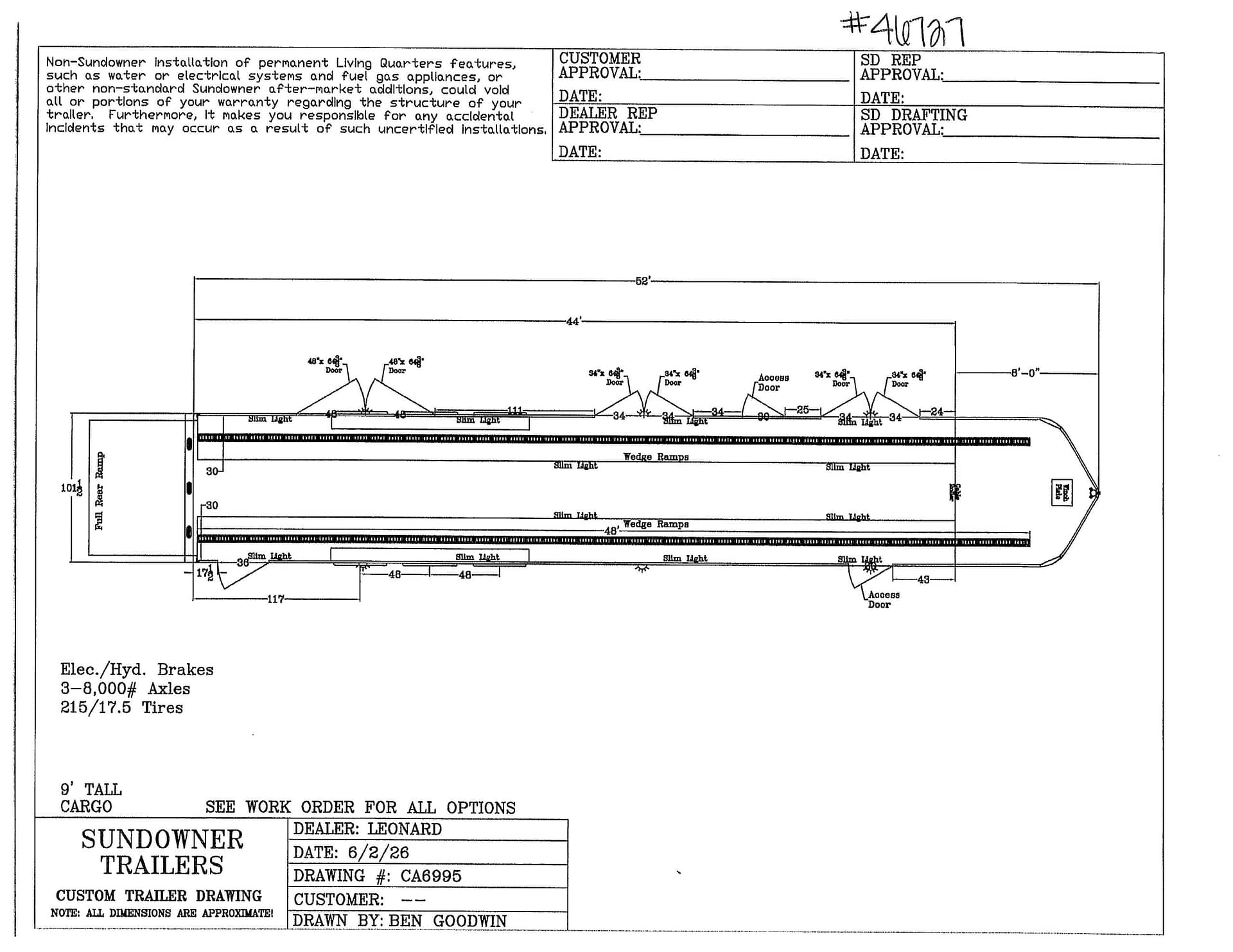 Engineering drawing header for Sundowner Trailers with dimensions, options, and approval fields.