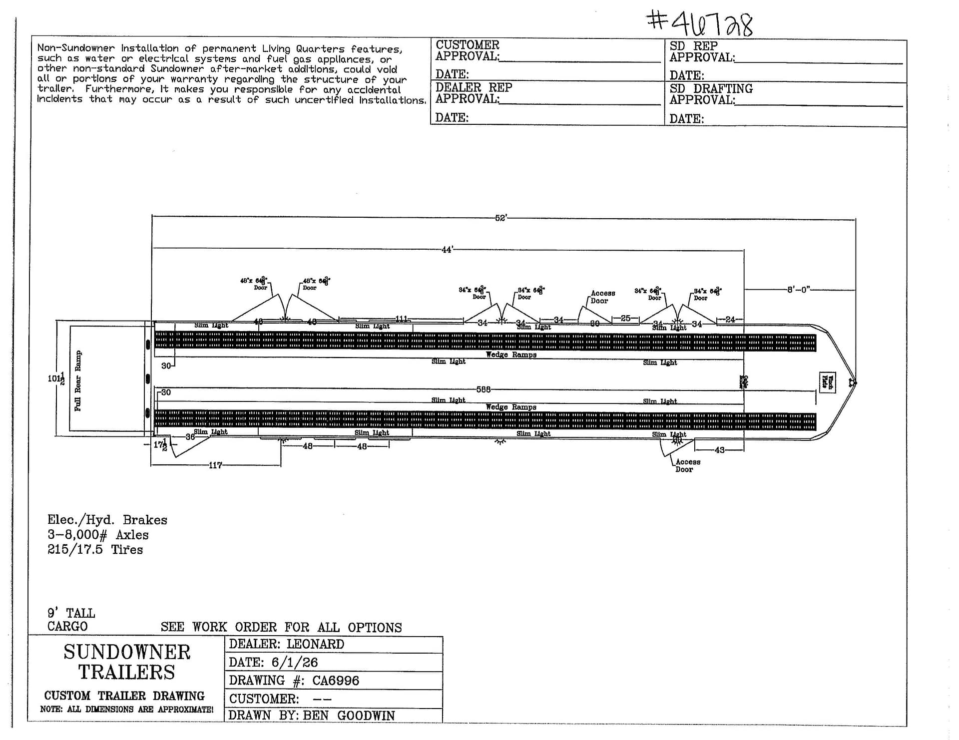 Technical blueprint of a Sundowner trailer showing a top view with dimensions, doors, ramps, and a title block with date and designer.