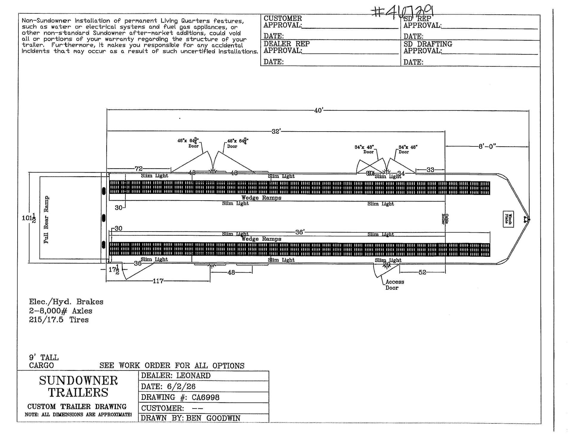 Technical drawing of a Sundowner trailer showing dimensions, ramp layout, doors, and lights with a title block including dealer Leonard and drawing CA6998 (date 6/2/26).