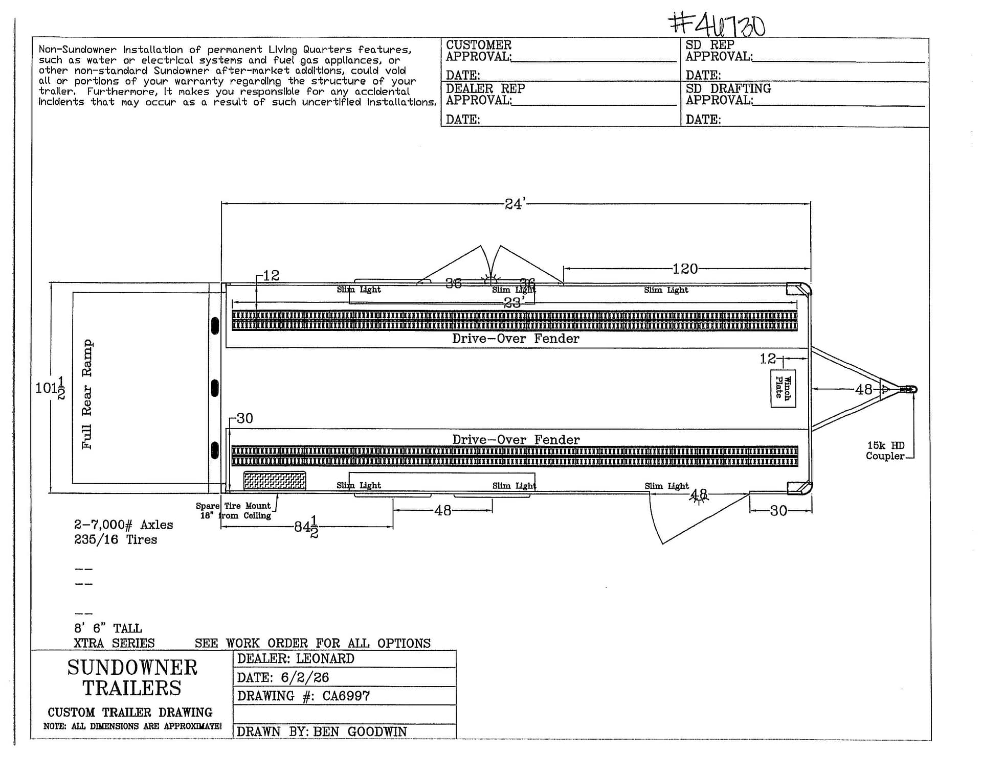 Technical blueprint of a Sundowner trailer showing overall length (24 ft) and drive-over fenders with labeled dimensions and notes?CANONICAL=TRUE.