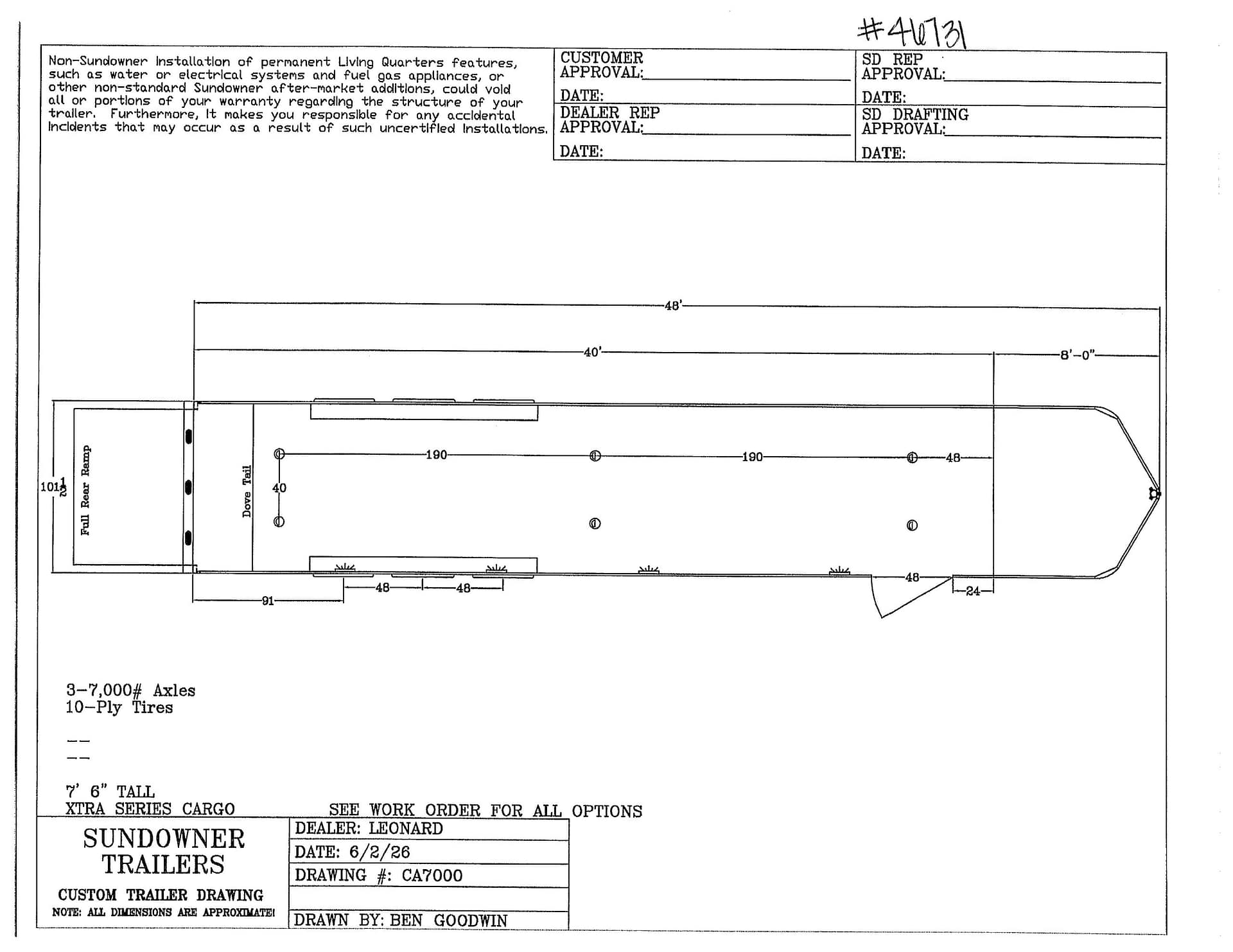 Technical drawing of a Sundowner trailer plan with dimensions and notes, drawn by Ben Goodwin.