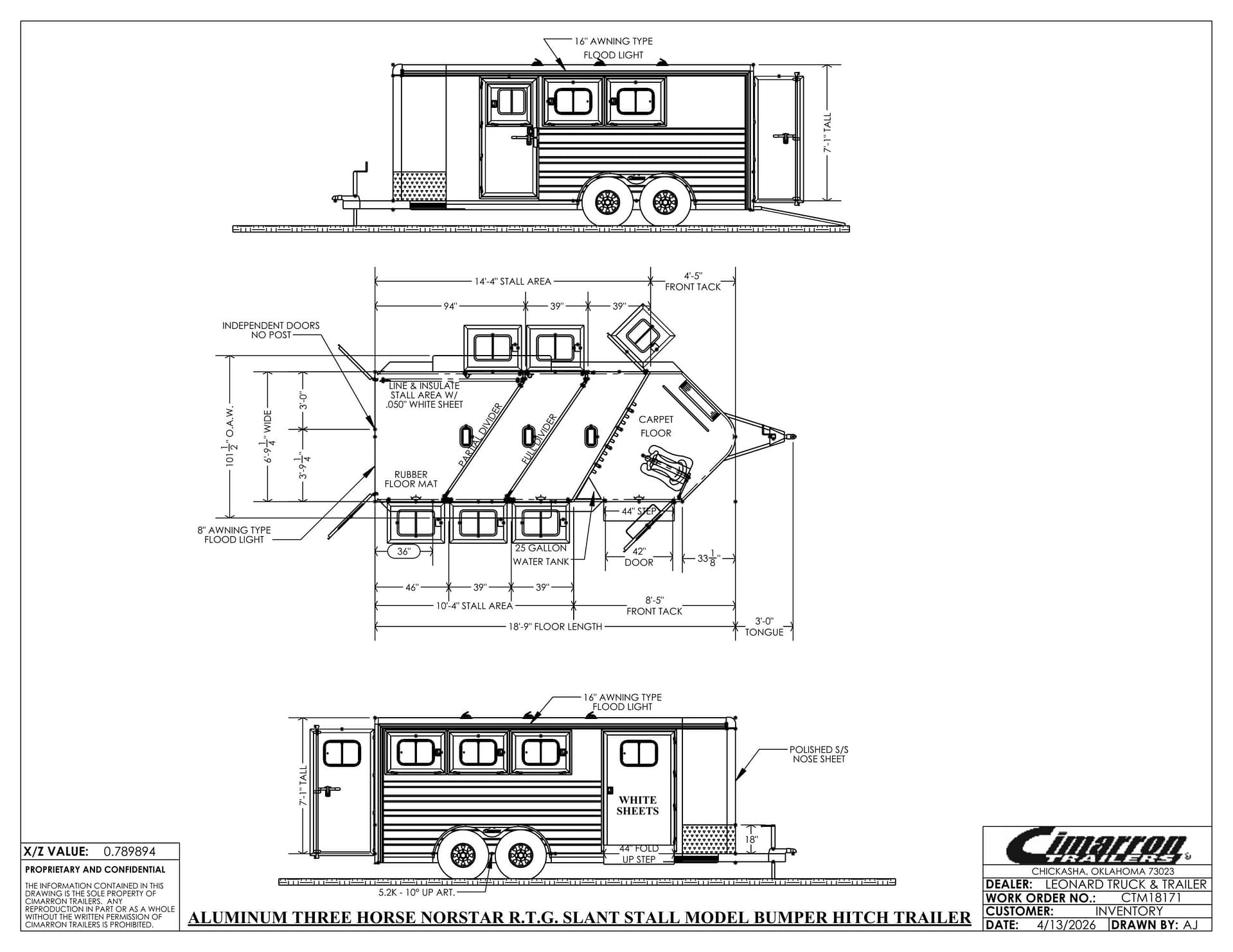 Cimarron aluminum three-horse slant-stall trailer blueprint with side and top views, showing dimensions, doors, stalls, and hitch details.