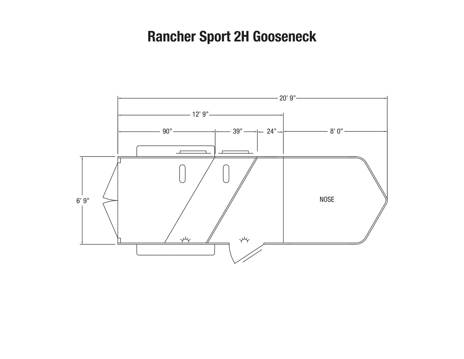 Technical drawing of a Rancher Sport 2H Gooseneck trailer with dimensions and labeled sections (gooseneck, nose, and measurement lines).