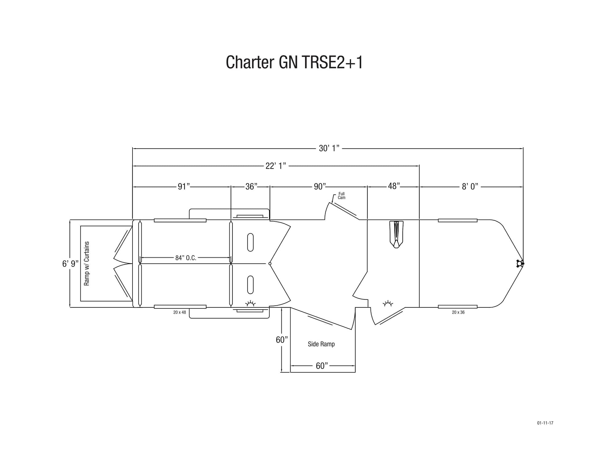Floor plan of Charter GN TRSE2+1 travel trailer showing interior layout, doors, and labeled dimensions across the plan (e.g., 30'1", 91", 84" OC).