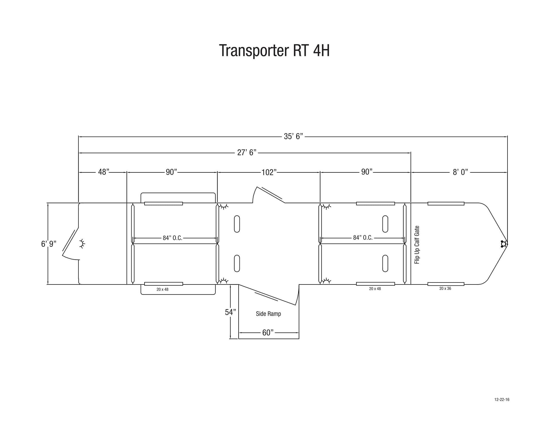 Technical floor plan labeled Transporter RT 4H showing overall length with dimensions and interior bays, including side ramp area.