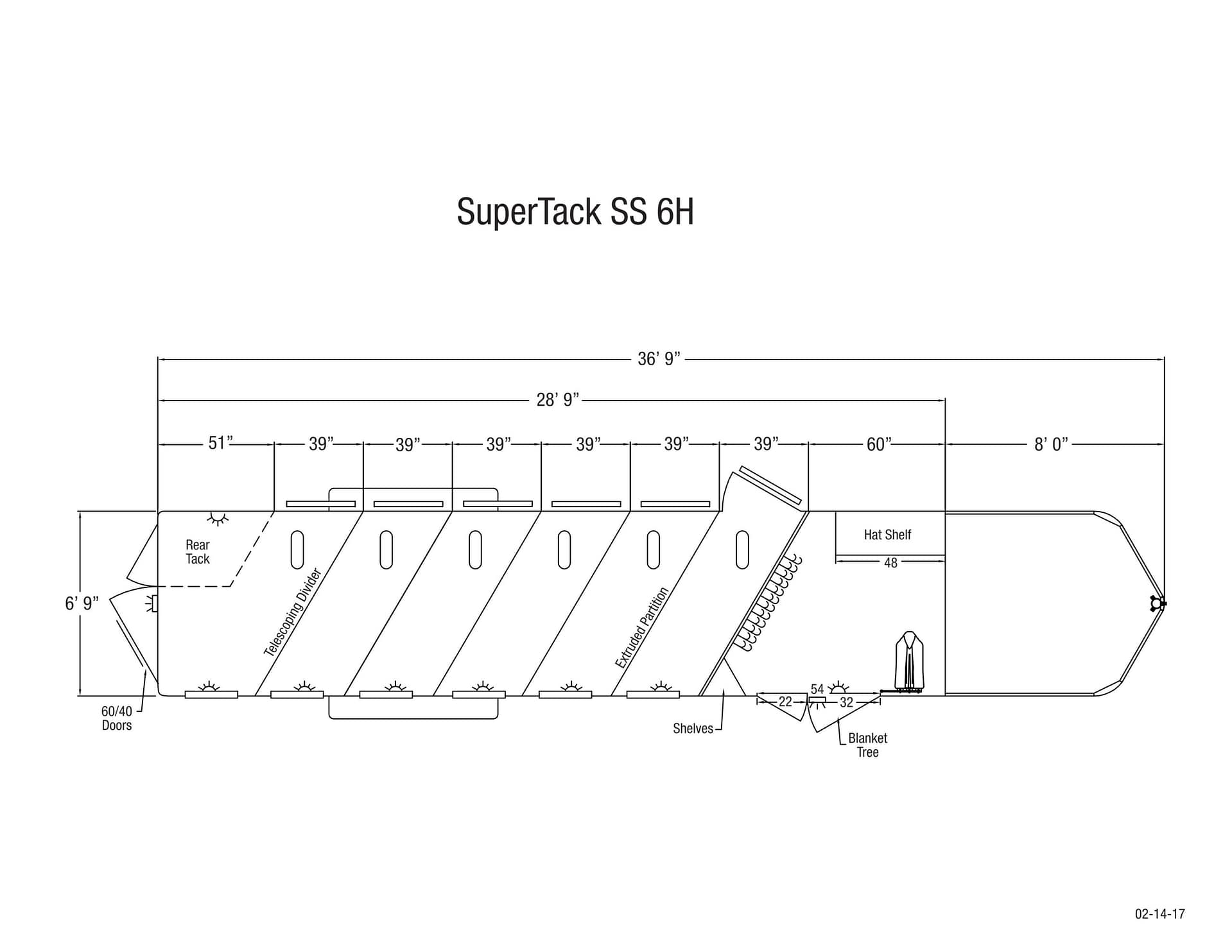 Floor plan blueprint of a vehicle interior labeled 'SuperTack SS 6H' showing seating rows, partitions, and storage areas with dimensions.