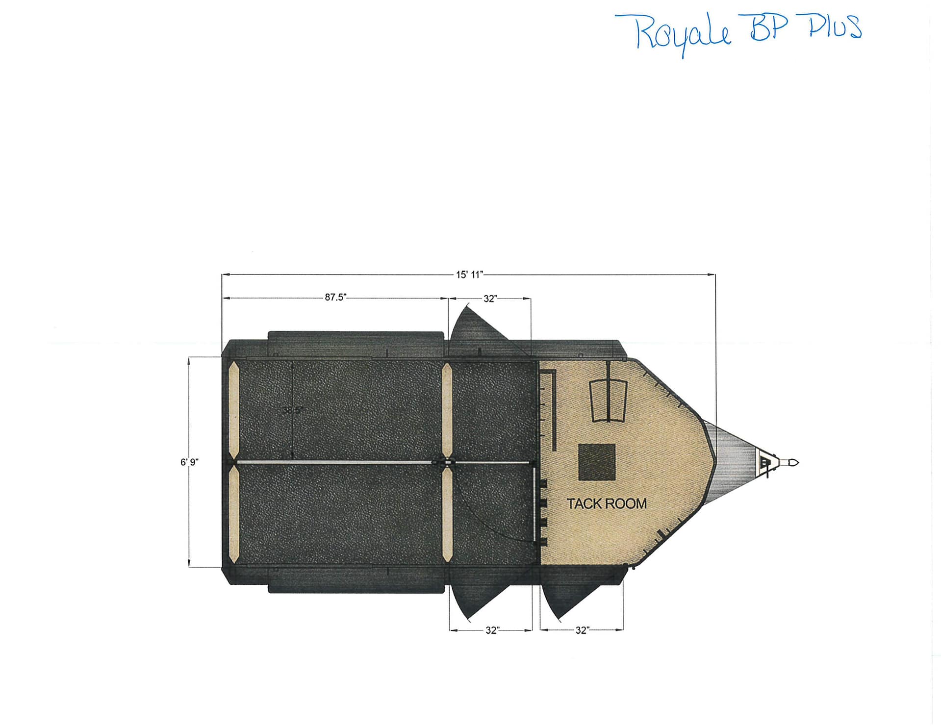 Engineering drawing of a vehicle with a tack room at the front and a long rectangular main body; dimensions show 87.5' length and 32' sections.