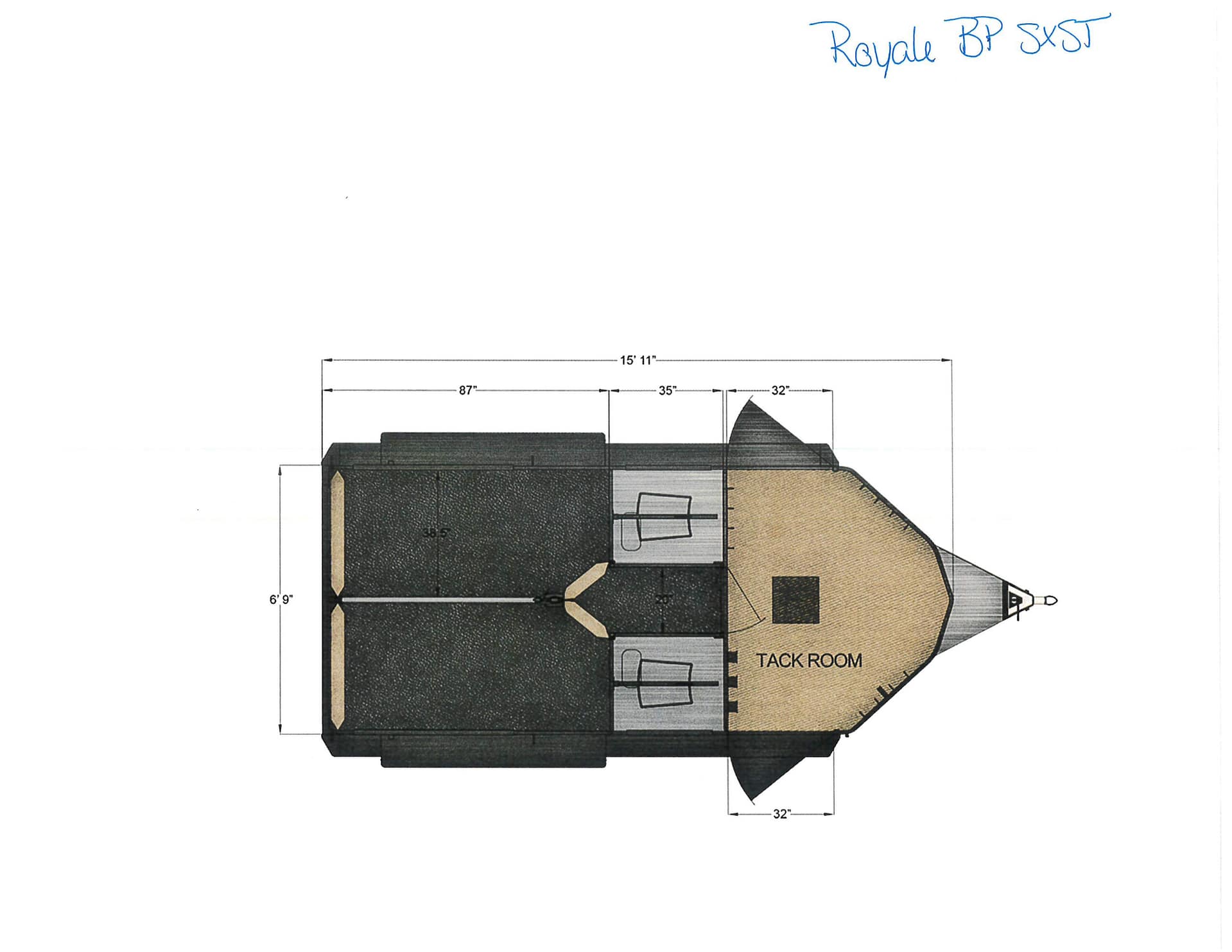 Top-down floor plan of a vehicle cabin showing a dark main area, a tan forward section, and a labeled ‘TACK ROOM’; edge measurements run along the sides with a pointed bow to the right.