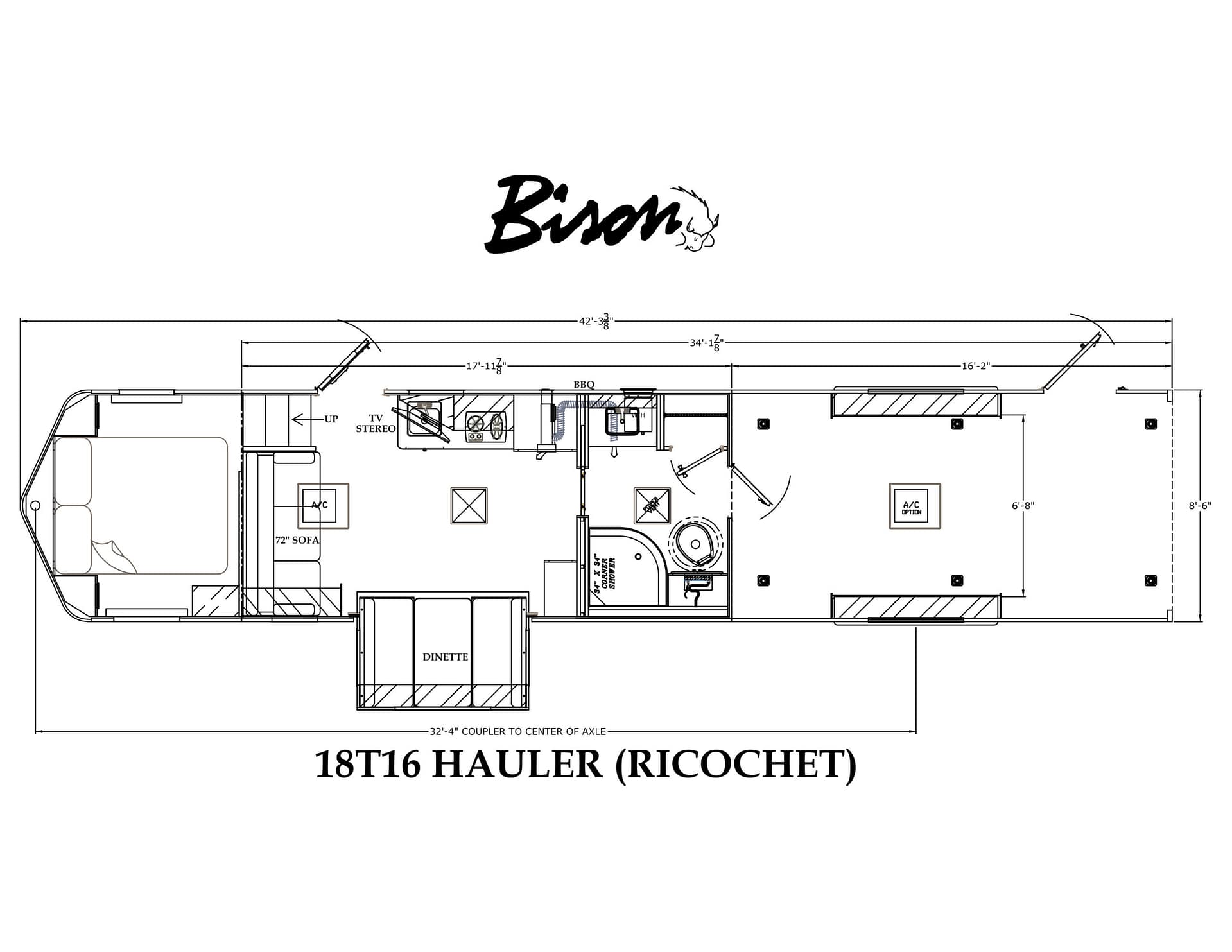 Blueprint of an 18T16 Hauler (Ricochet) showing interior layout with dinette, sofa, kitchen, bath, and dimensions