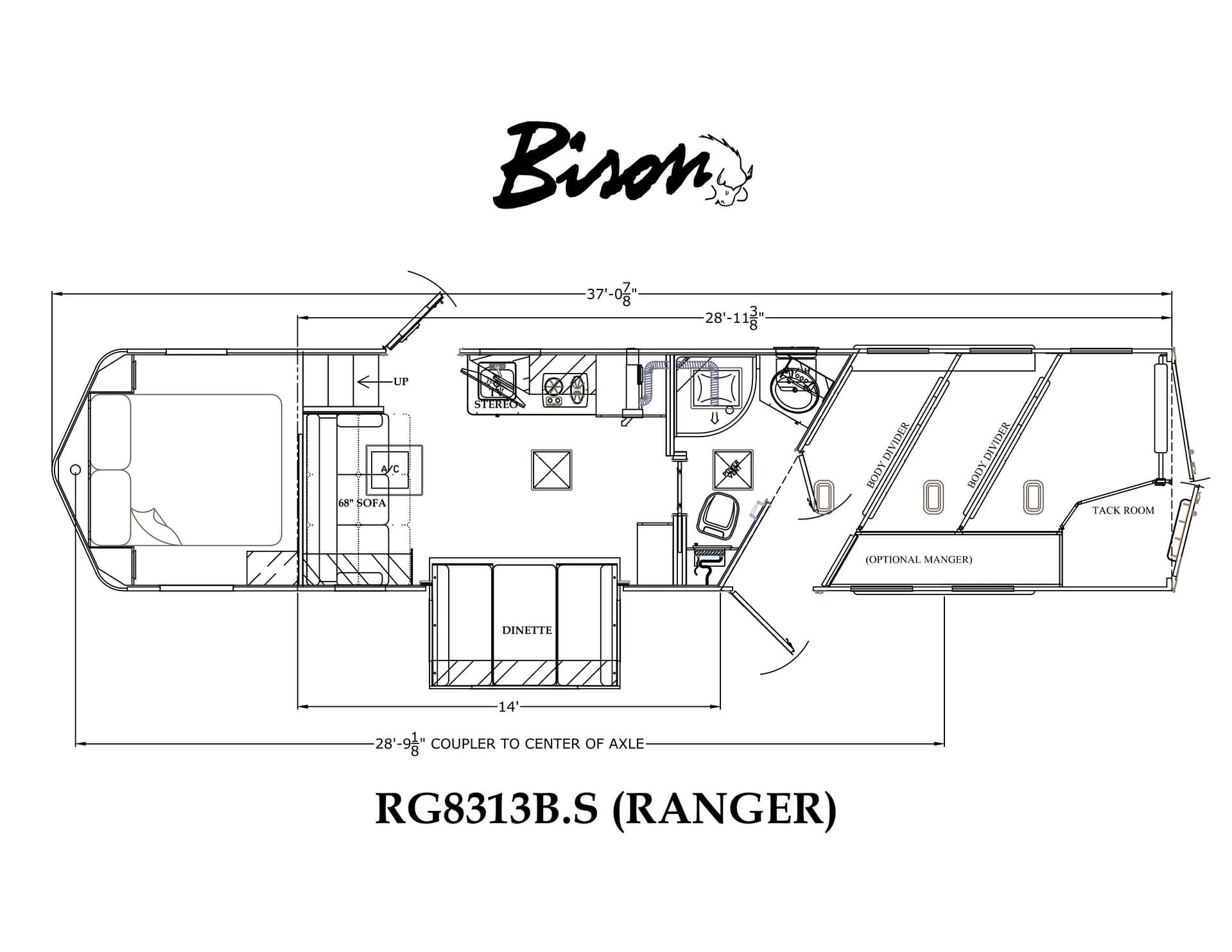 Technical floor plan of an RV labeled RG8313B.S (RANGER), showing cockpit, living area, dinette, kitchen, and bedrooms with overall length dimensions.