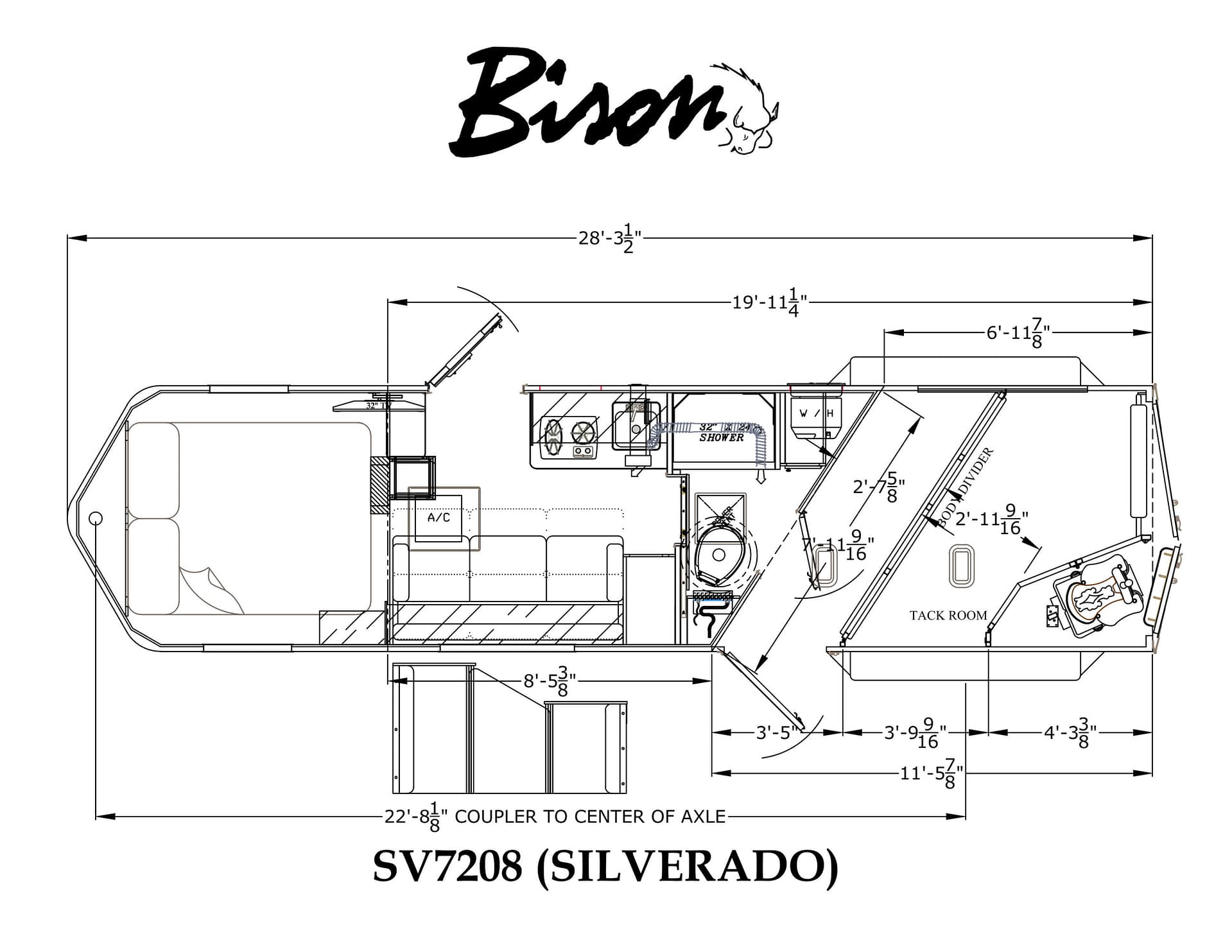 RV floor plan for the SV7208 ( Silverado ) travel trailer, showing interior layout including living area, kitchen, shower, bedrooms, and entry, with overall length about 28 ft and multiple dimension marks for sections and axles.