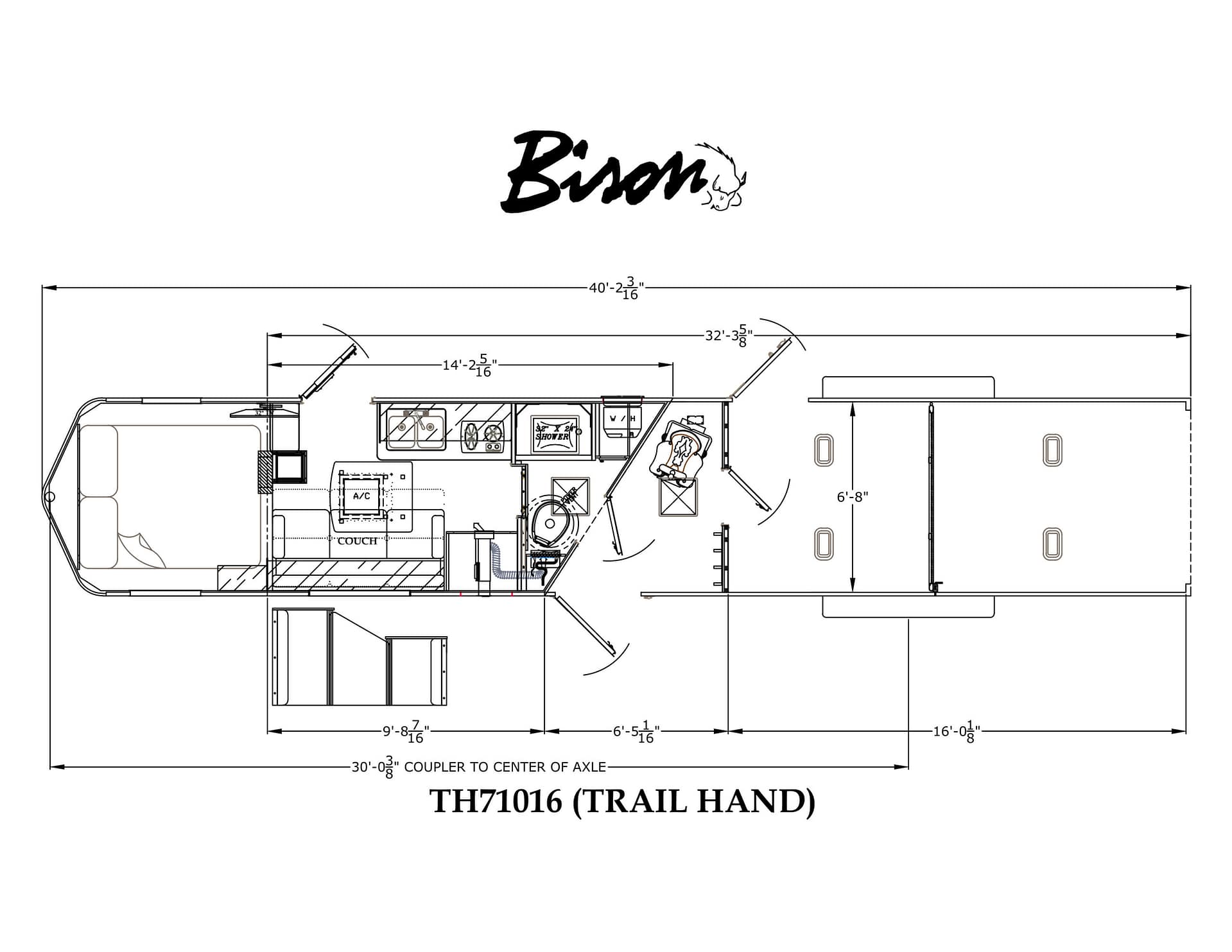TH7016 trailer floor plan with interior layout, appliances, and dimensions labeled (blueprint style)