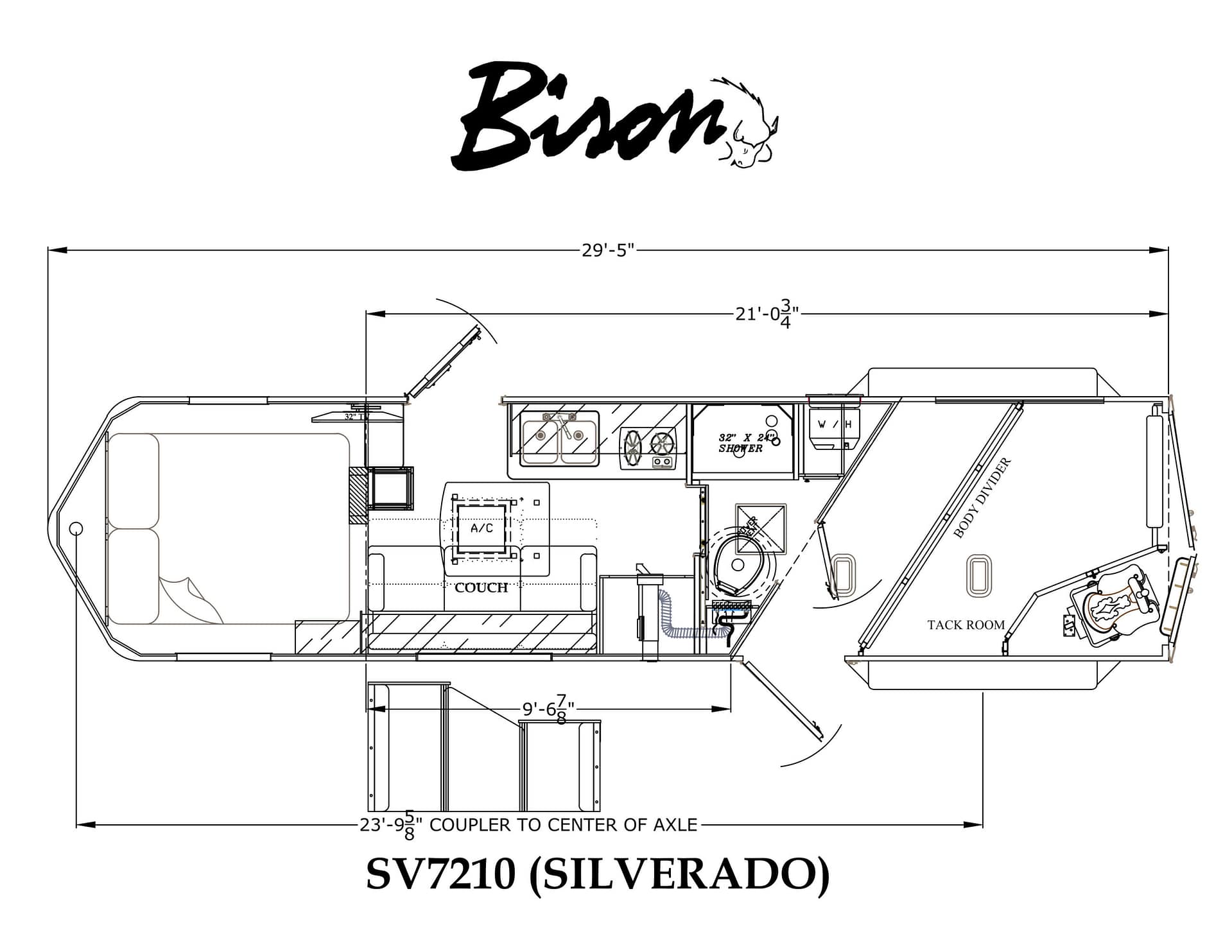 Floor plan of a motorhome SV7210 (Silverado) showing couch, kitchen, shower, bunk area, and overall length 29'-5".