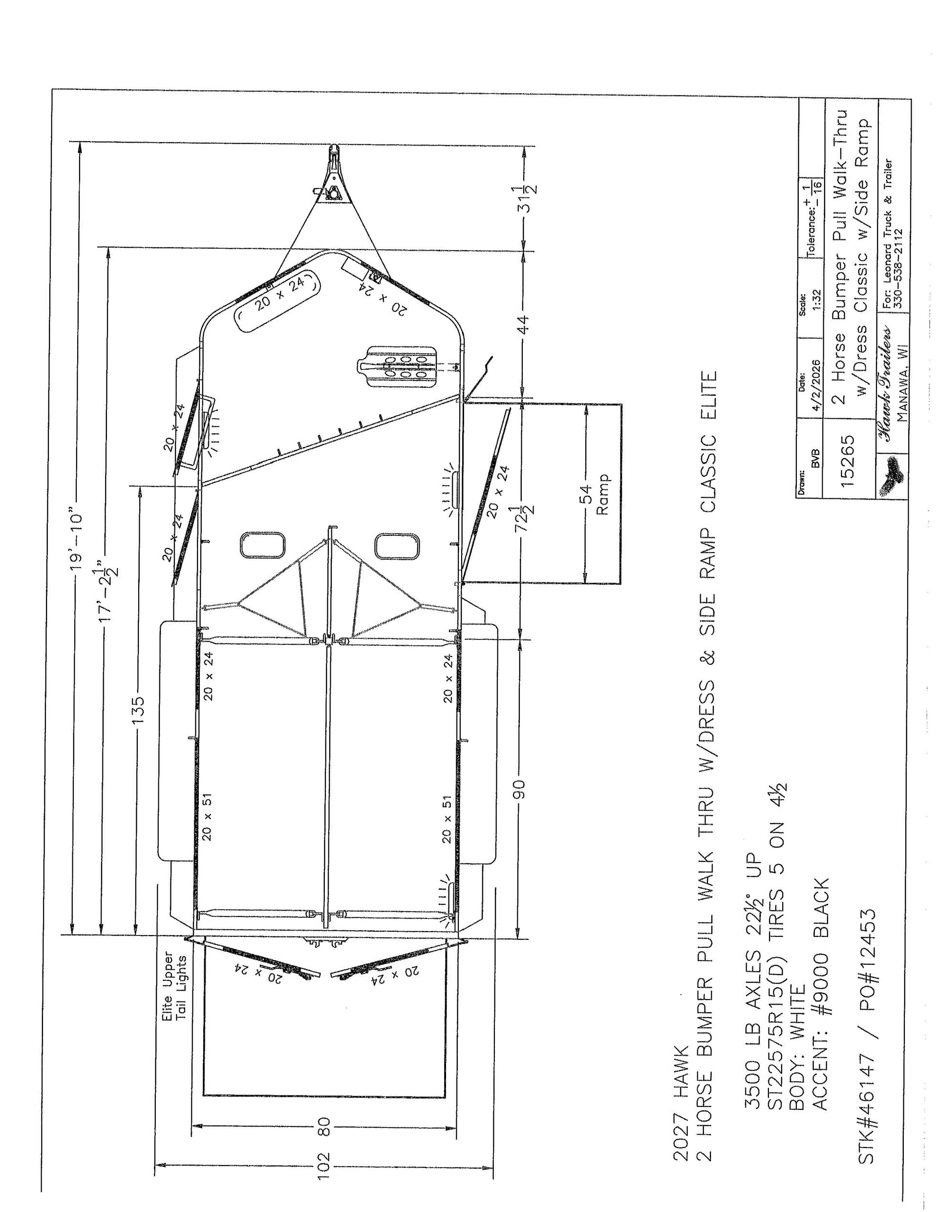Technical blueprint: side and top view of a 2-horse bumper-pull trailer with walk-up rear ramp and dimensions noted.