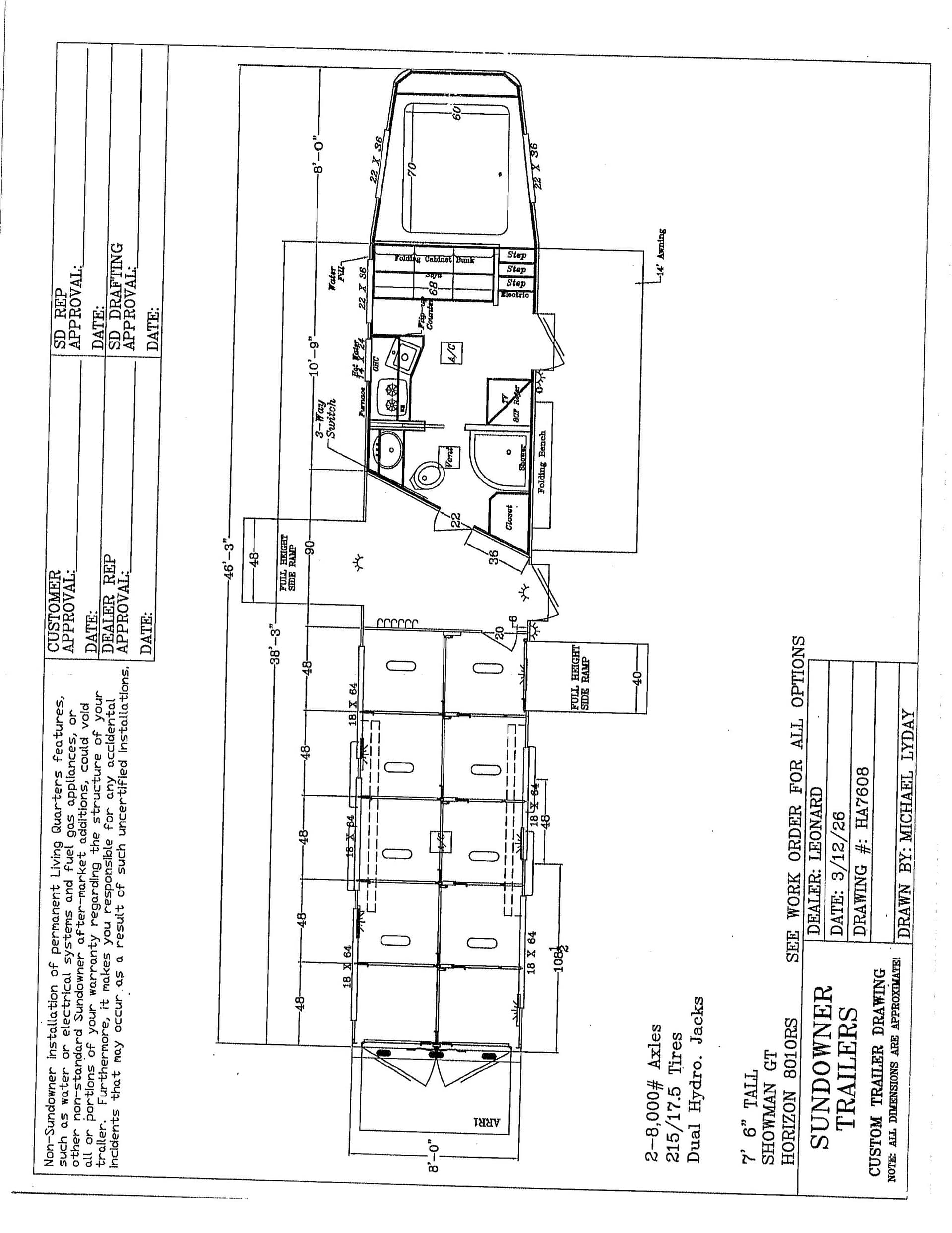 Rotated blueprint of a trailer’s interior floor plan showing kitchen, bath, and storage areas with measurements.