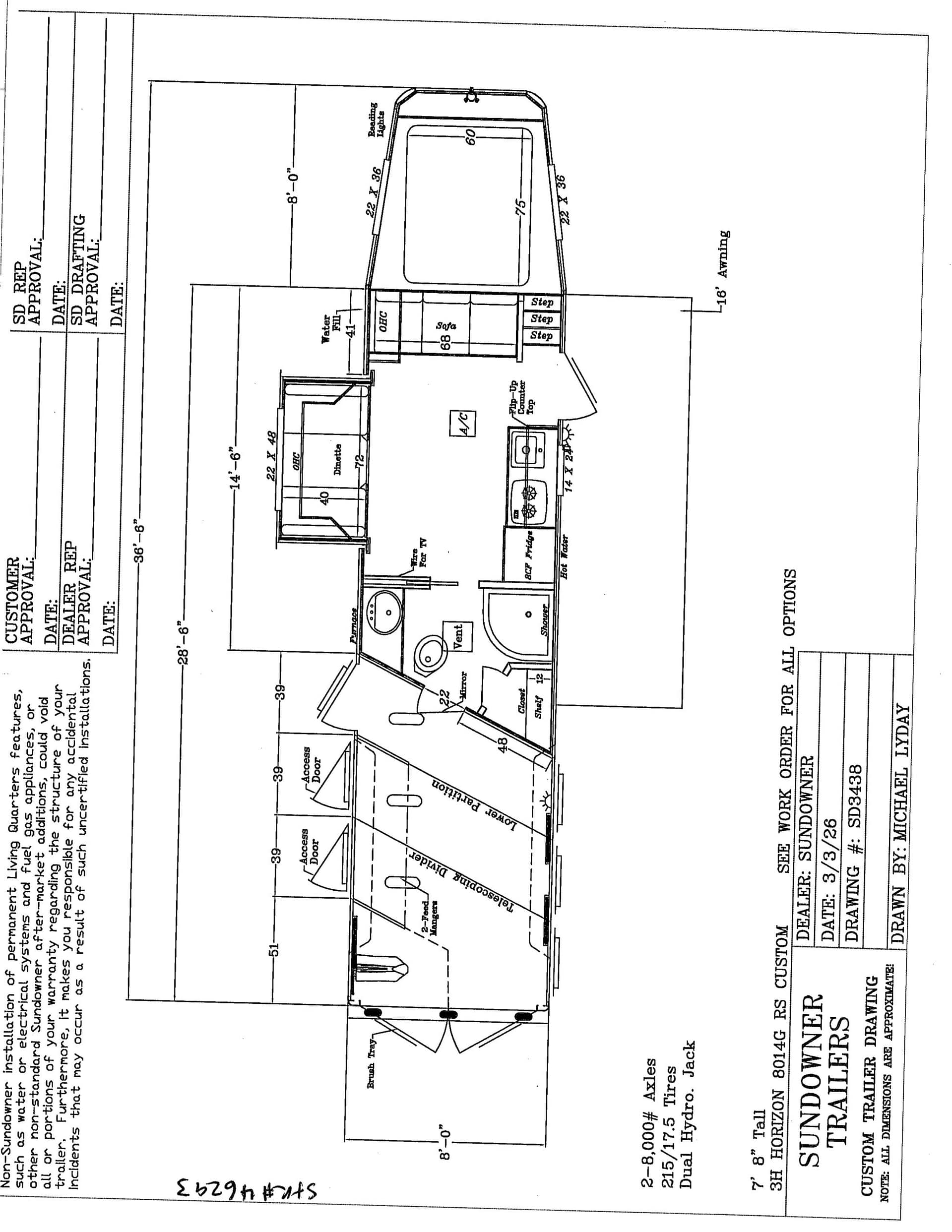 Interior floor plan of a travel trailer showing bedroom, kitchen, bathroom, sofa/dinette area and entry corridor with labeled dimensions