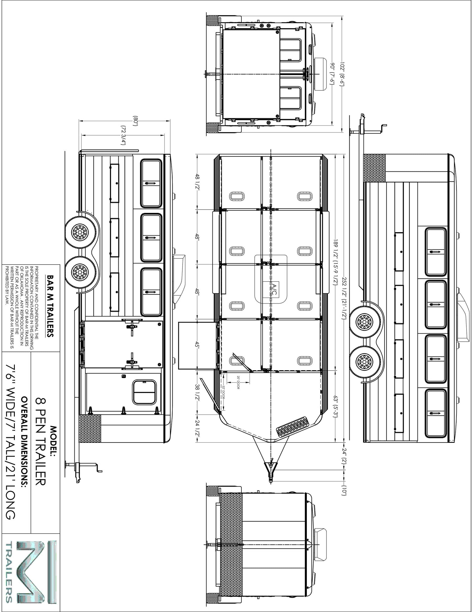 Technical blueprint of a multi-axle semi-trailer showing top, side, and rear views with dimension callouts.