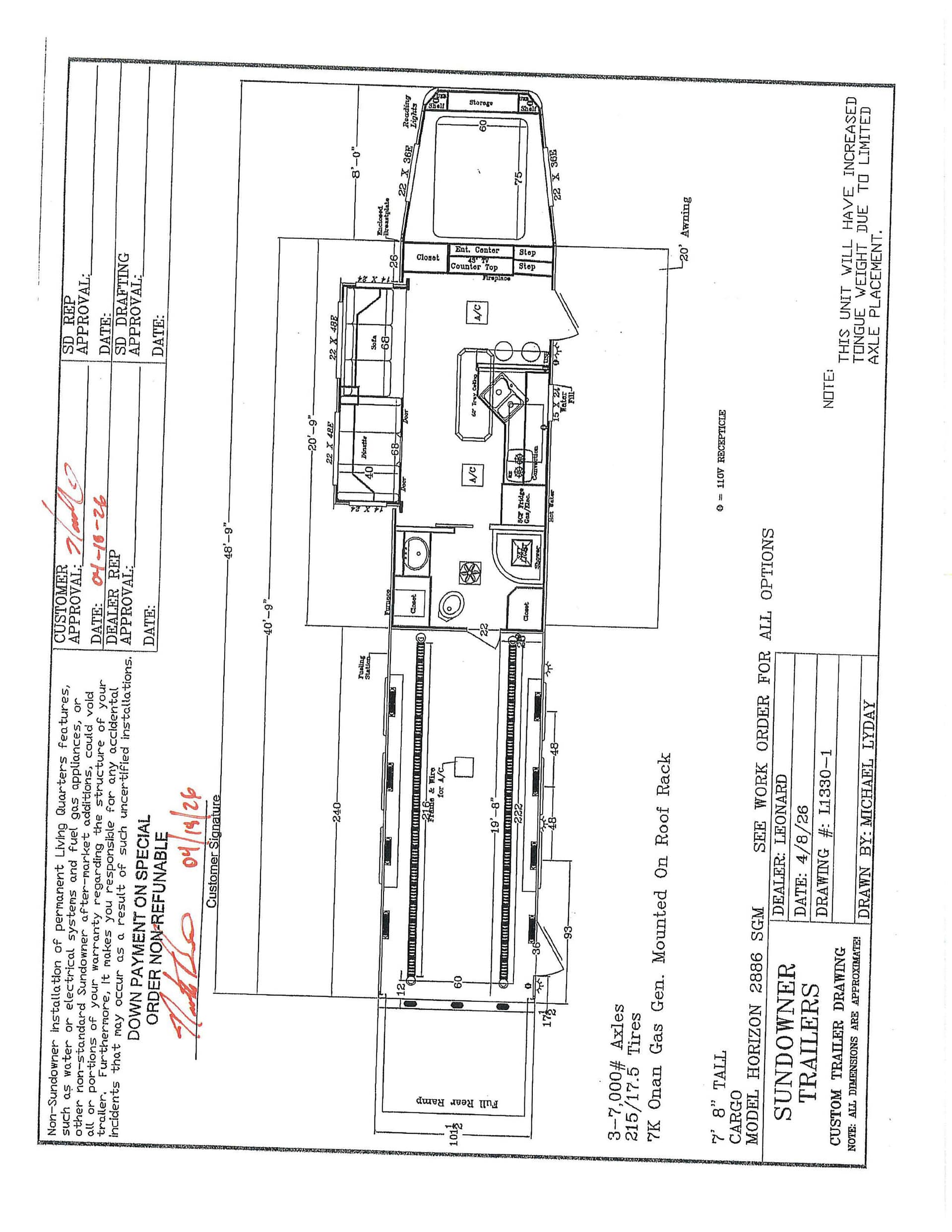 Rotated blueprint of a travel trailer interior floor plan, labeling a kitchen, bathroom, closets, and living area with exterior dimensions noted along the sides.