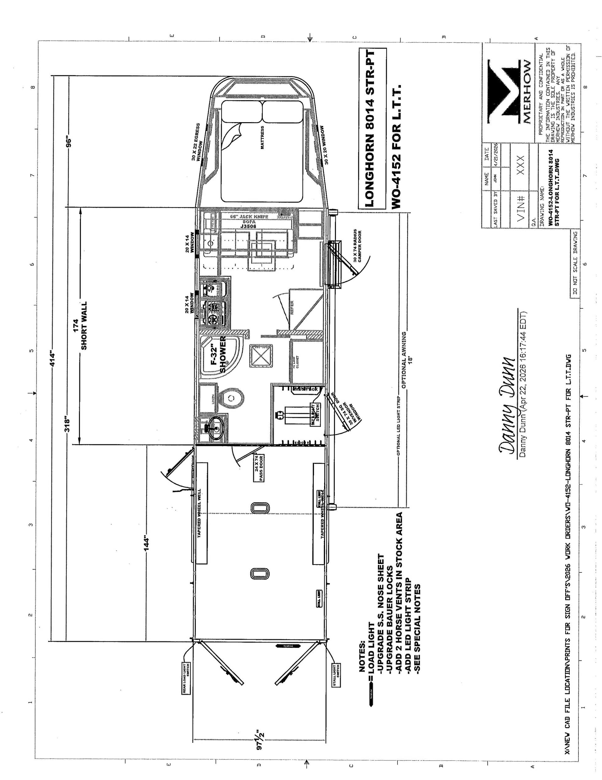 Rotated blueprint of a motorhome floor plan showing rear sleeping area, middle kitchen and bathroom, and entry area with stairs; includes dimension lines and labeled components.