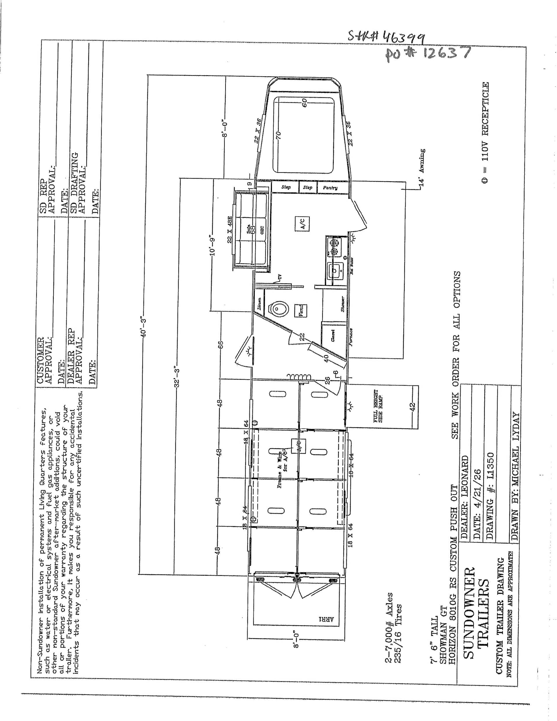 Rotated blueprint of a custom trailer floor plan with labeled rooms, curb, and door locations