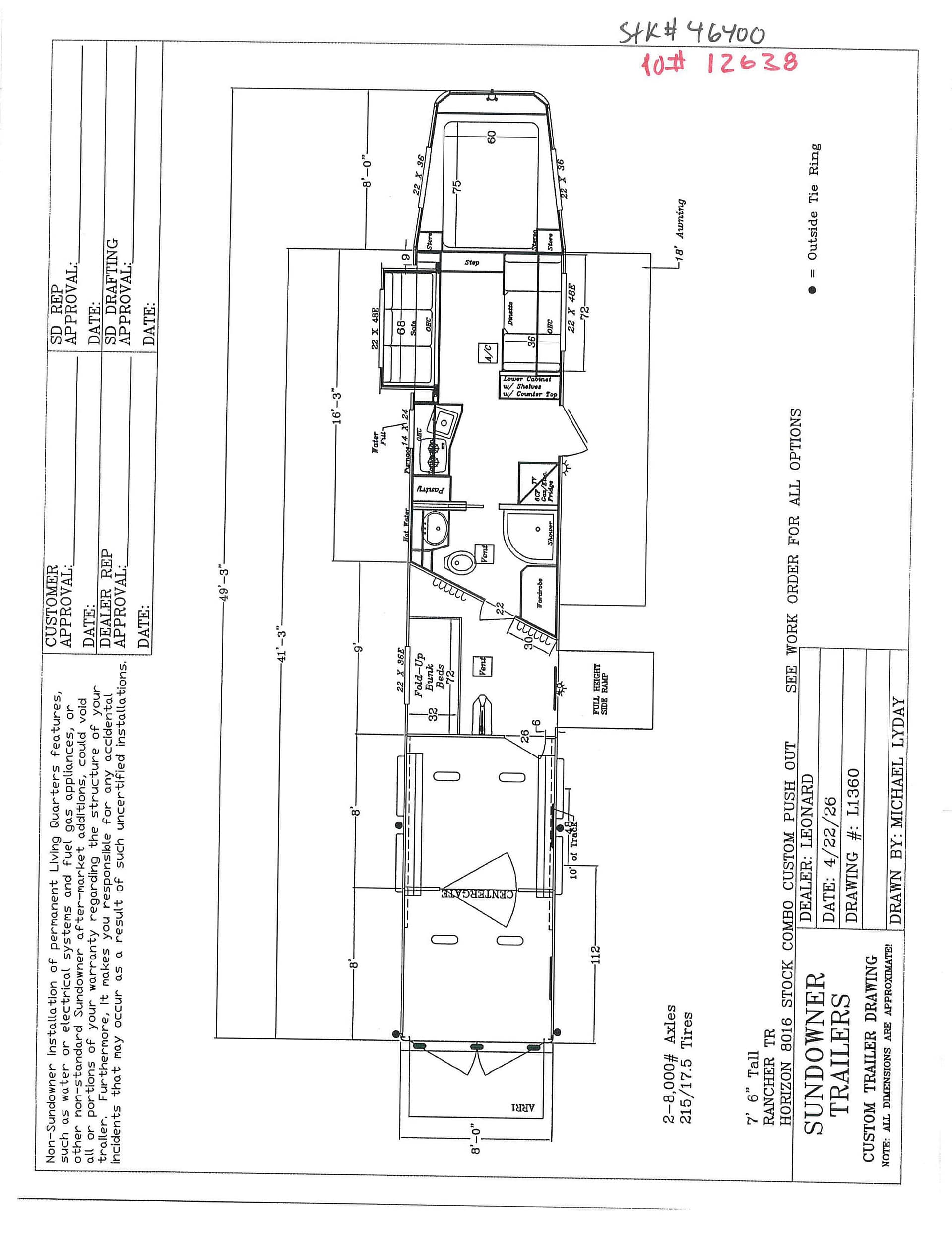 Floor plan blueprint of a converted van interior showing seating, kitchen area, bed platform, and storage layout.