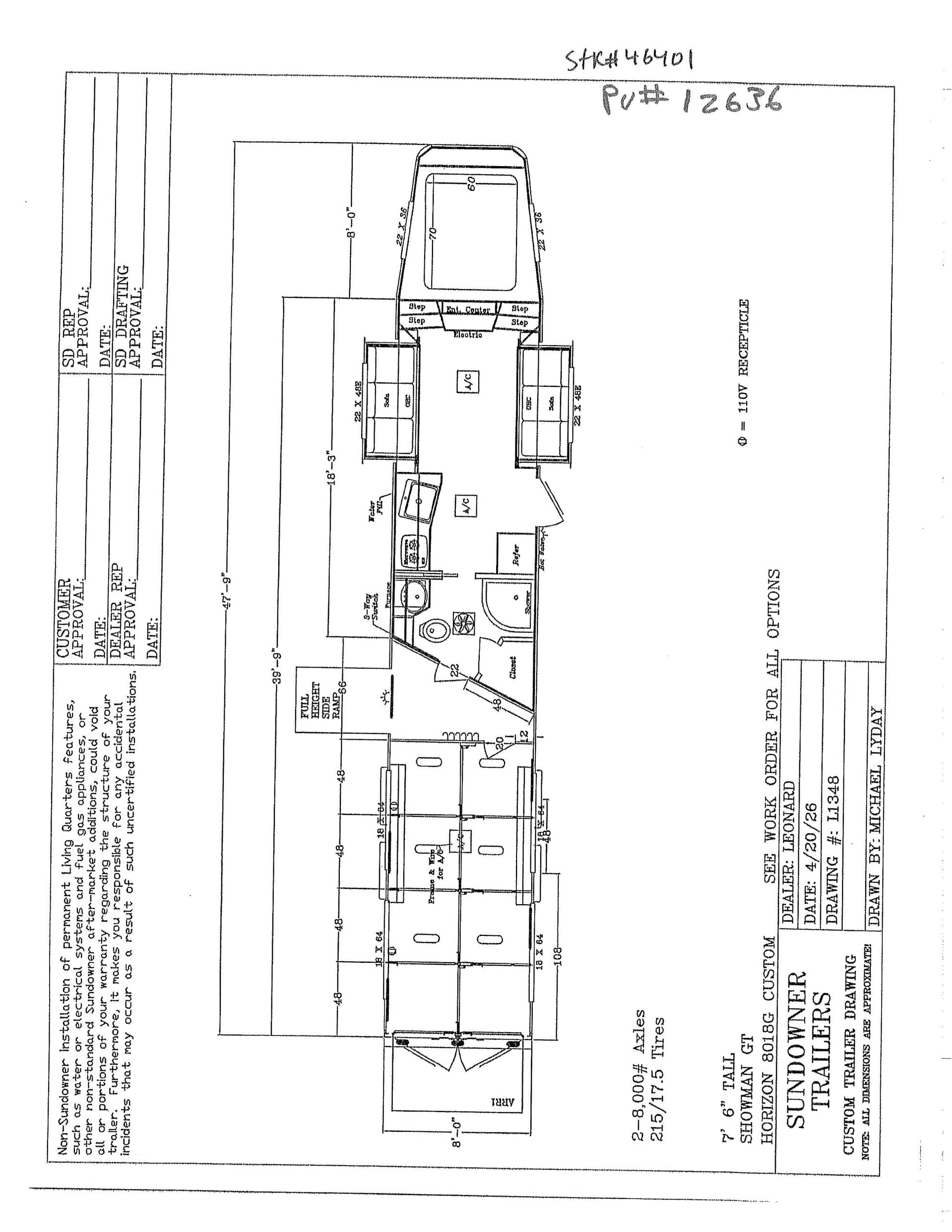 Rotated blueprint of a motorhome floor plan showing cab area, seating, kitchen, and bathroom layout.