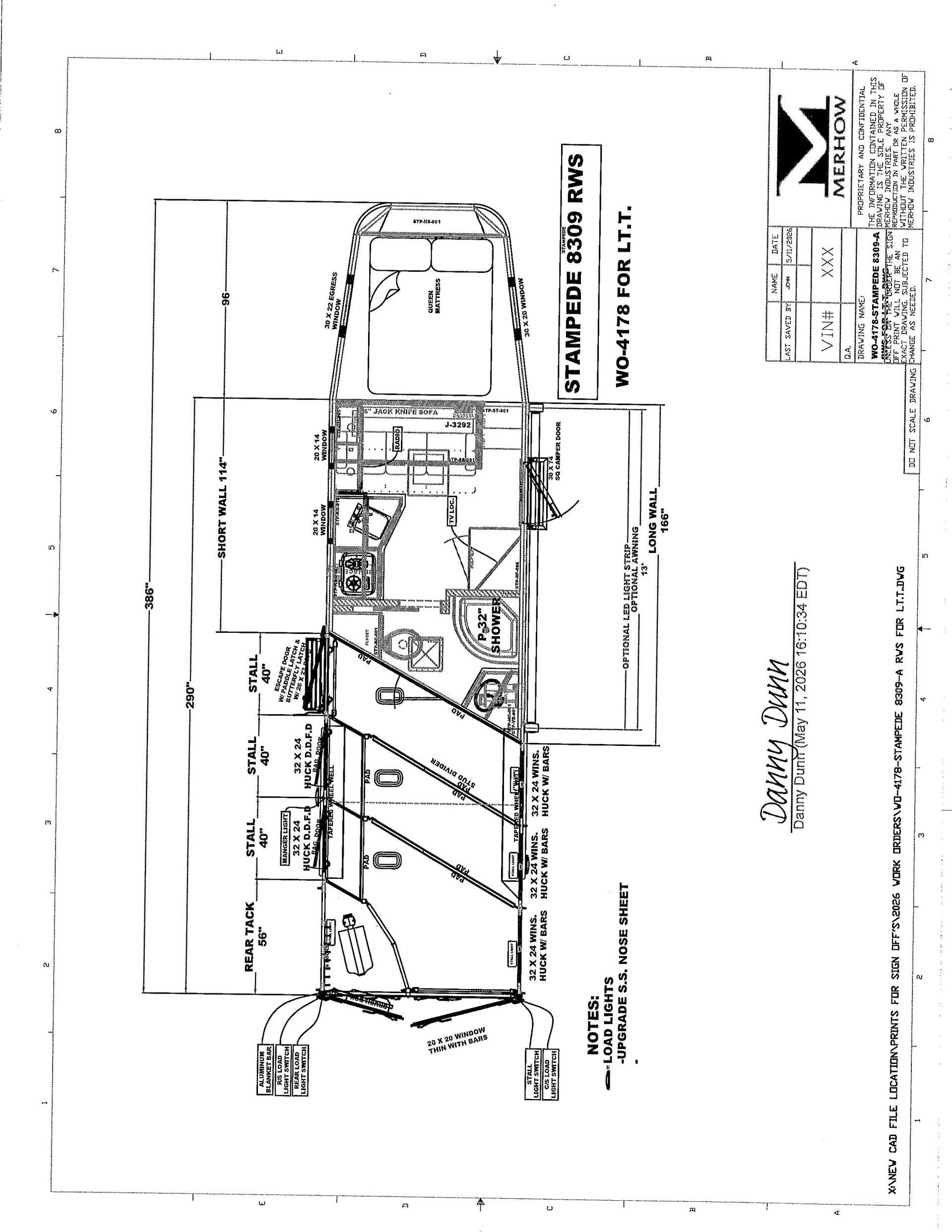 Rotated blueprint of a motorhome interior showing seating area, kitchen, and rear bunk with labeled dimensions and a title block; note says DO NOT SCALE.