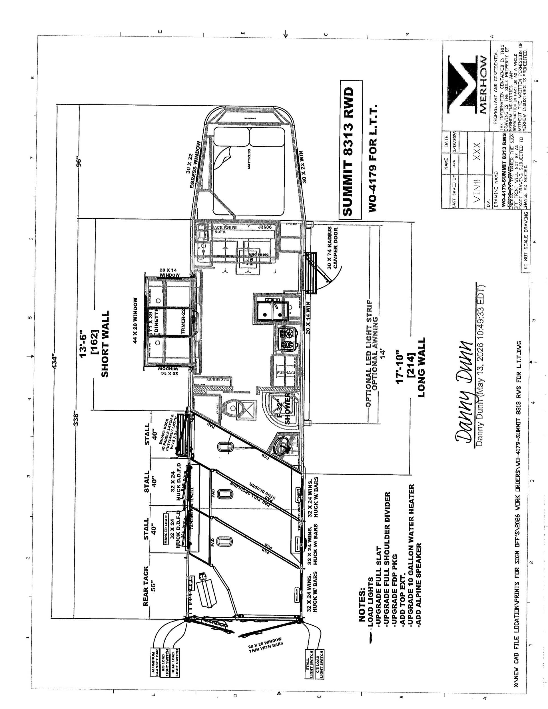 Overhead floor plan of a travel trailer labeled Summit 8313 RWD, showing living area, kitchen, bath, bedroom, and exterior dimensions.