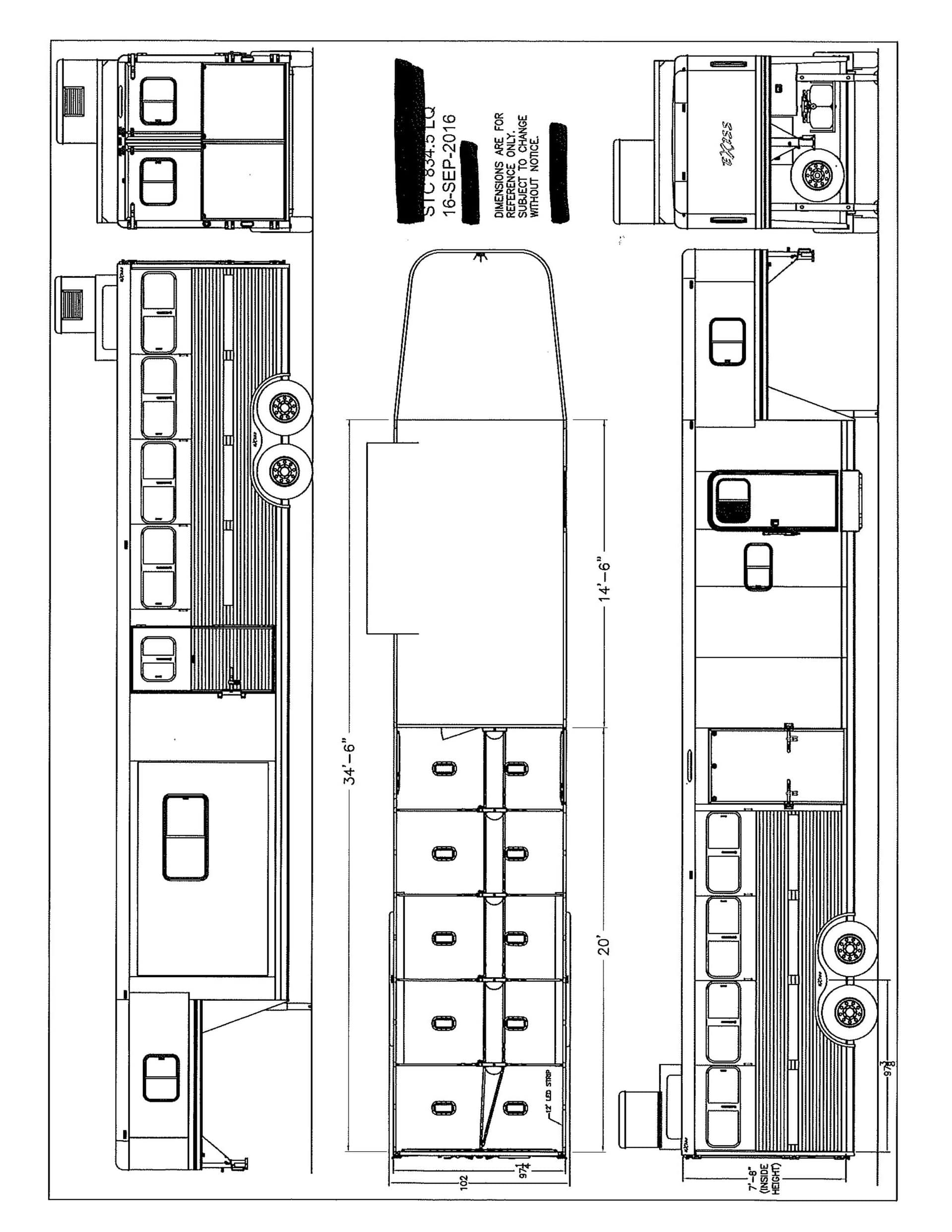 Top-down schematic of a truck loading dock with multiple trailers arranged around a central drive lane; dimensions and labels shown for layout reference.