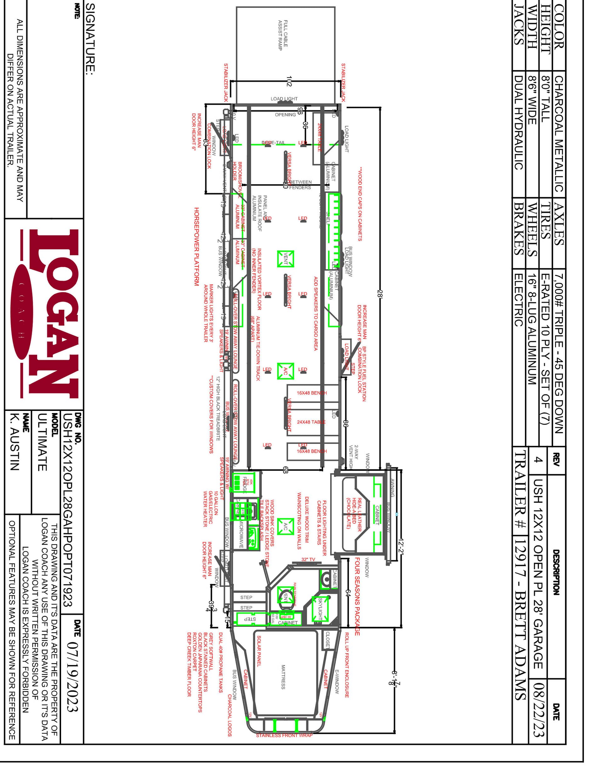 Detailed schematic of a trailer layout with labeled sections (red text) and green highlight markings showing components and access areas.