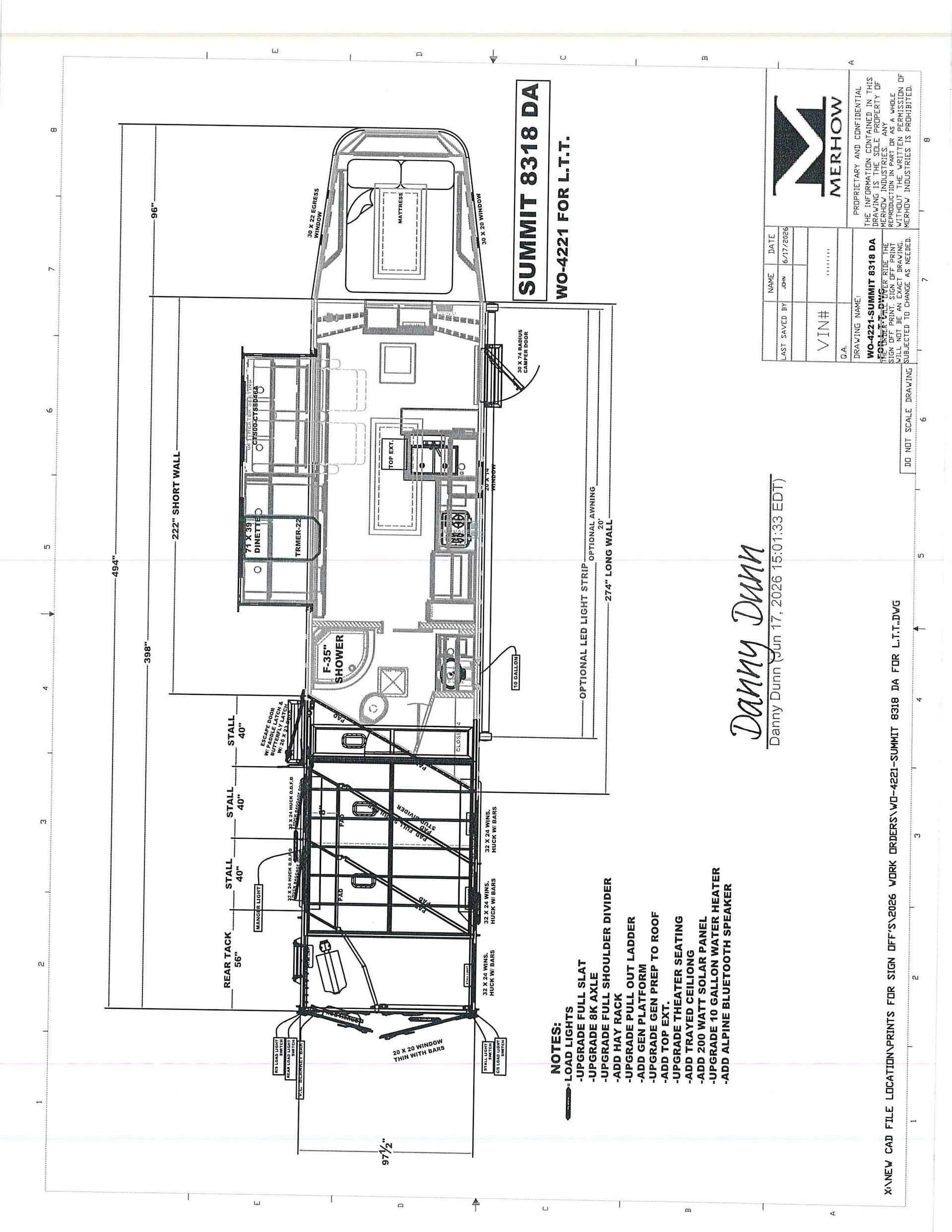 Top-down schematic of a compact motorhome interior showing bedroom, kitchen, dinette, shower, and living area with exterior walls and grid measurements.