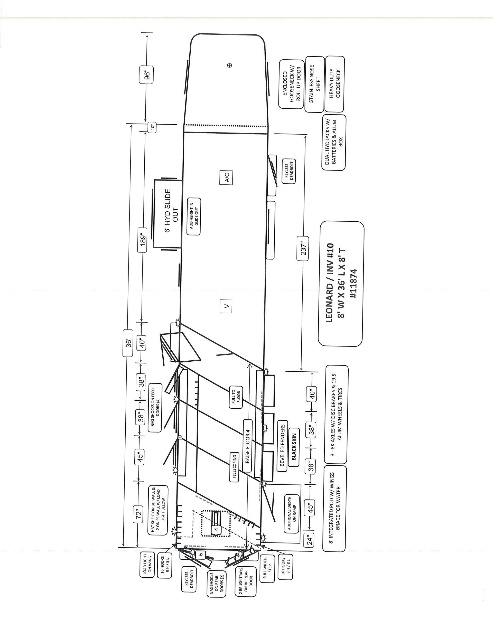 Technical side-view schematic of a large vehicle with dimension arrows and labeled parts like doors, axles, and chassis.