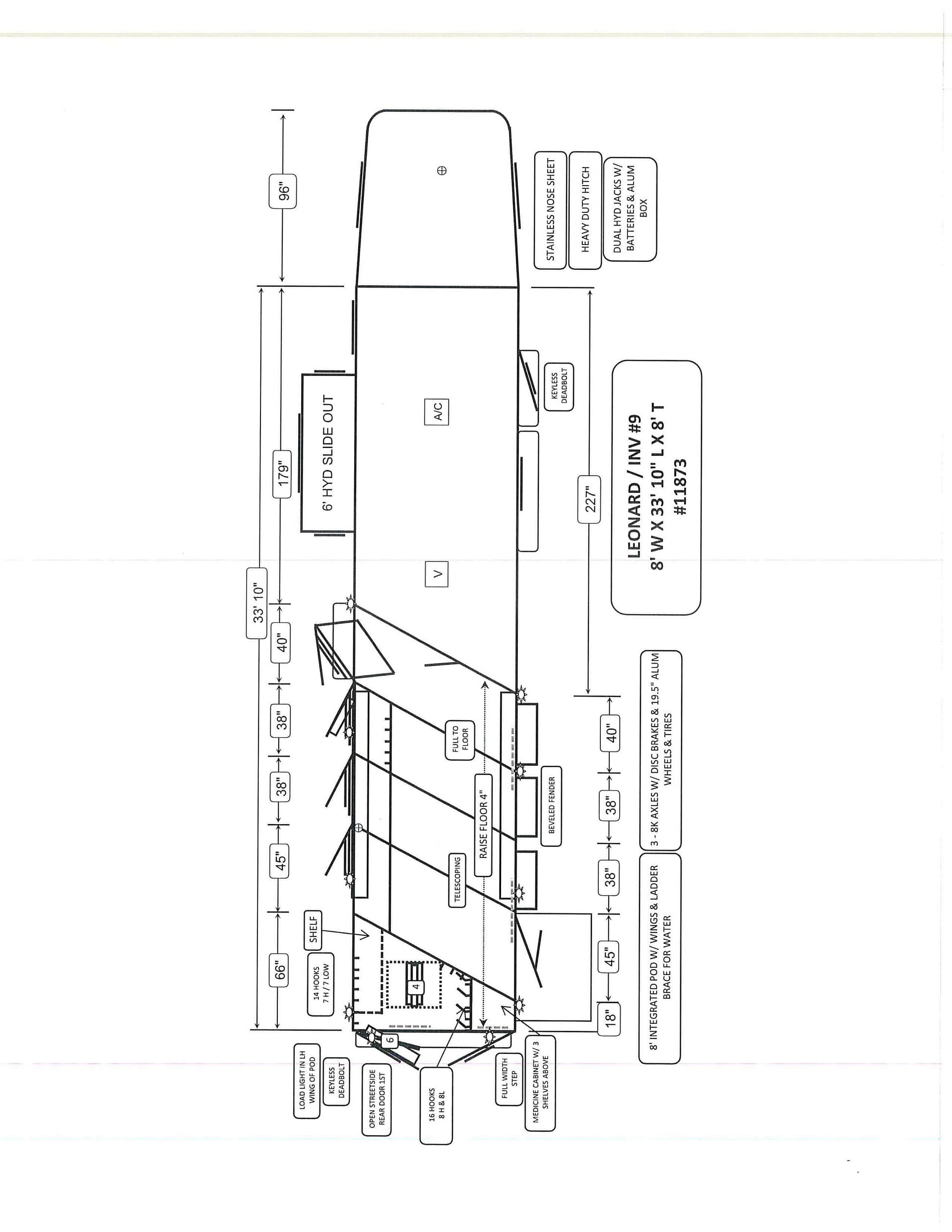 Technical plan of a large vehicle (likely an RV or motorhome) showing a side/axonometric diagram with numerous labeled components and precise measurements along the sides. Key labels include '6' HYD SLIDE OUT', 'A/C', 'STAINLESS NOSE SHEET', 'HEAVY DUTY HITCH', 'DUAL HYD JACKS', and various dimension callouts, depicting construction details and layout.