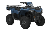 cat_ATV – Leonard Truck and Trailer, Inc – Leonard Truck and Trailer, Inc Front-left view of a blue four-wheeled ATV with a cargo rack and rugged tires facing forward-left.