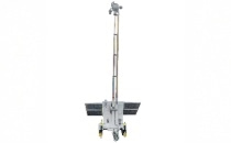 cat_security_trailers – Leonard Truck and Trailer, Inc – Leonard Truck and Trailer, Inc Portable mobile stand with a vertical mast and top clamp on a wheeled base, likely used for positioning or lifting small components.