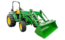 cat_tractors – Leonard Truck and Trailer, Inc – Leonard Truck and Trailer, Inc Green tractor with a front-end loader bucket, on a farm.