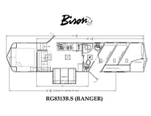 Image 0 for SKU 46760 – Leonard Truck and Trailer, Inc Technical floor plan of an RV labeled RG8313B.S (RANGER), showing cockpit, living area, dinette, kitchen, and bedrooms with overall length dimensions.