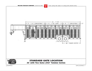 Image 0 for SKU 45815 – Leonard Truck and Trailer, Inc Technical drawing of a 26-foot trailer showing standard gate location with two 102-inch tandem center gates, dimensions and compartments (Wilson Trailer Company).