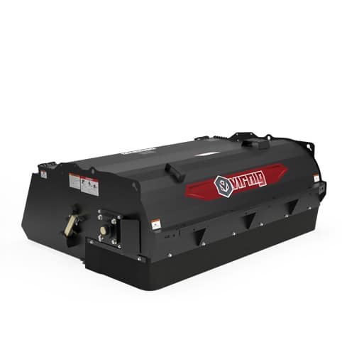 Heavy‑duty black industrial equipment attachment with a red Victor logo, shown from the side.