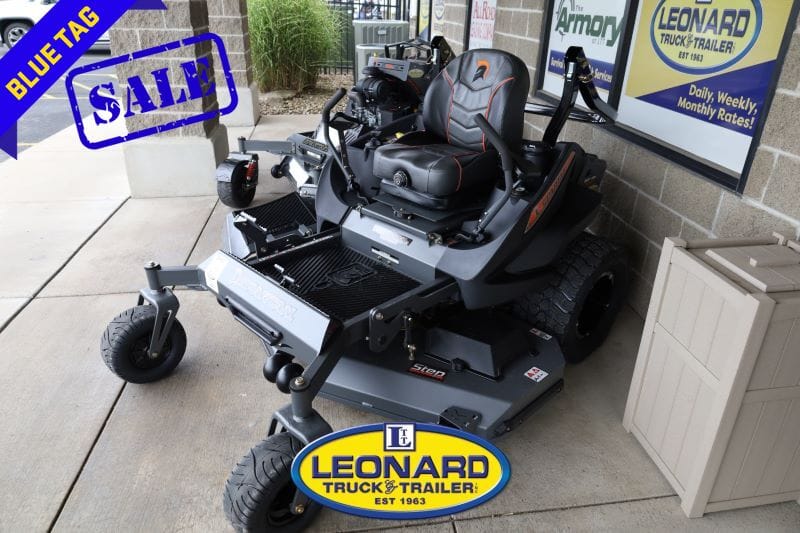 Zero-turn riding lawn mower on sale at Leonard Truck & Trailer, with a blue 'SALE' stamp and dealership logo visible.