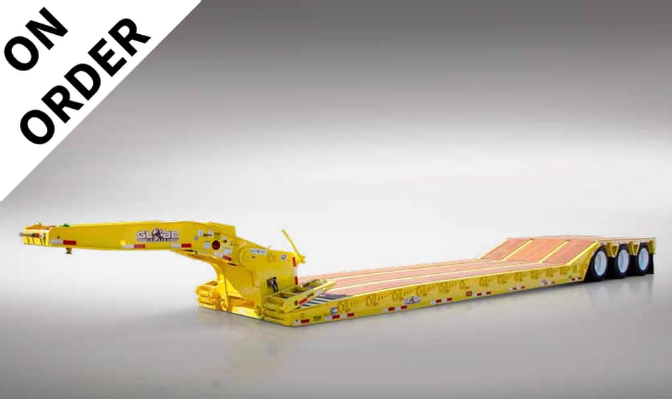Yellow gooseneck lowboy trailer with three rear axles; 'ON ORDER' banner in the corner.